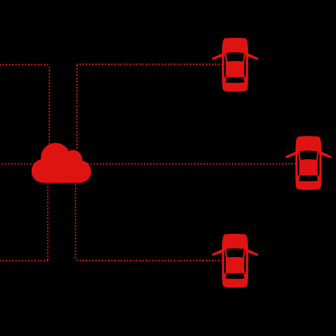 Image of a cloud symbol in red linked to flashing symbols of cars in red