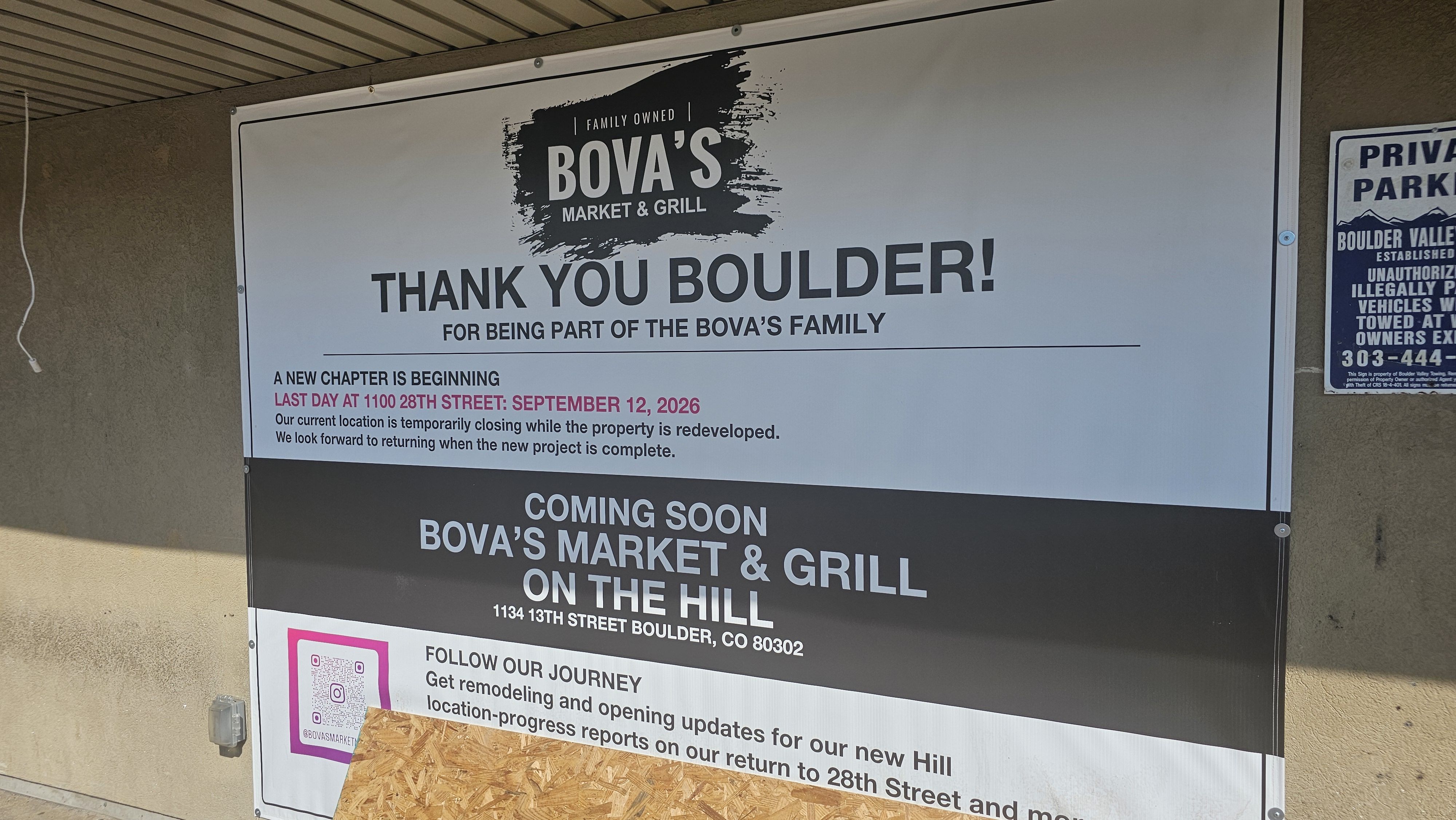 A large outdoor sign on a beige wall reads "BOVA'S Market & Grill" with a black brush logo and "THANK YOU BOULDER!" below; blue "PRIVATE PARKING" sign is on the right.