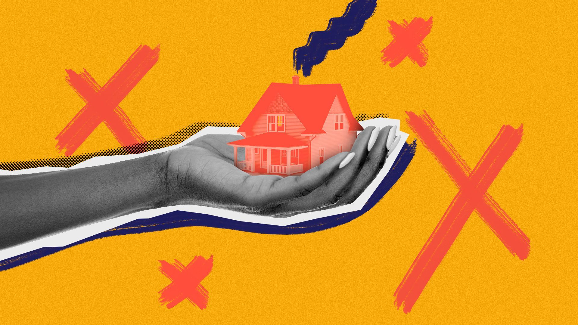 Illustration of a hand holding a tiny house in its palm. 