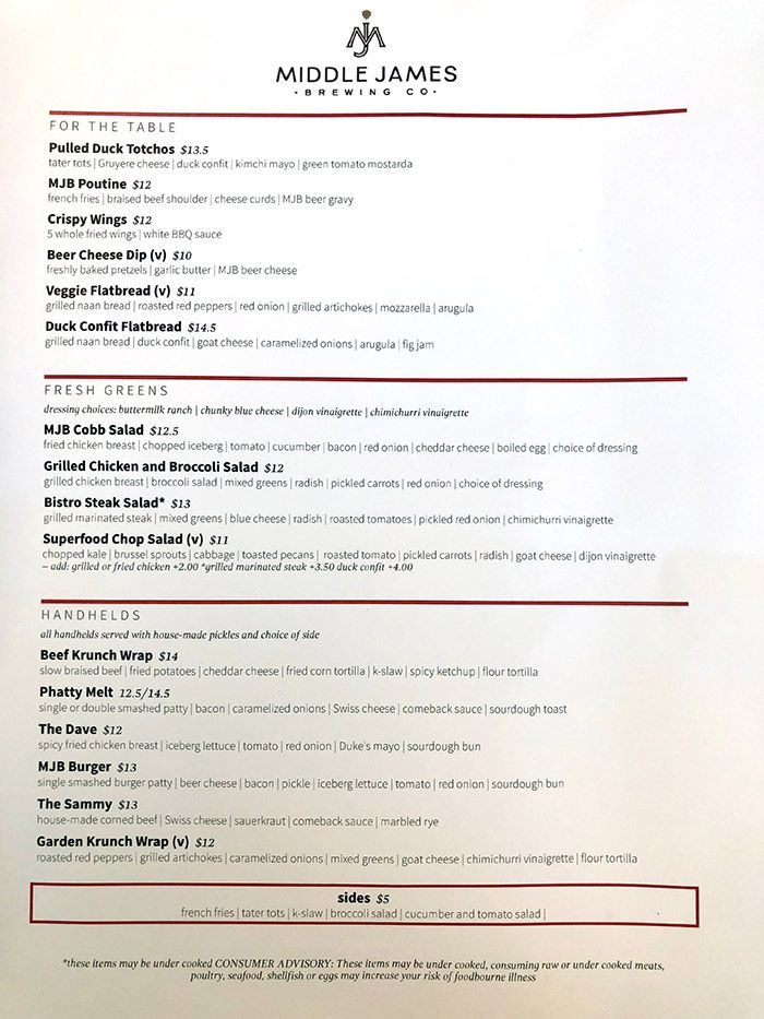 Middle James Brewing menu