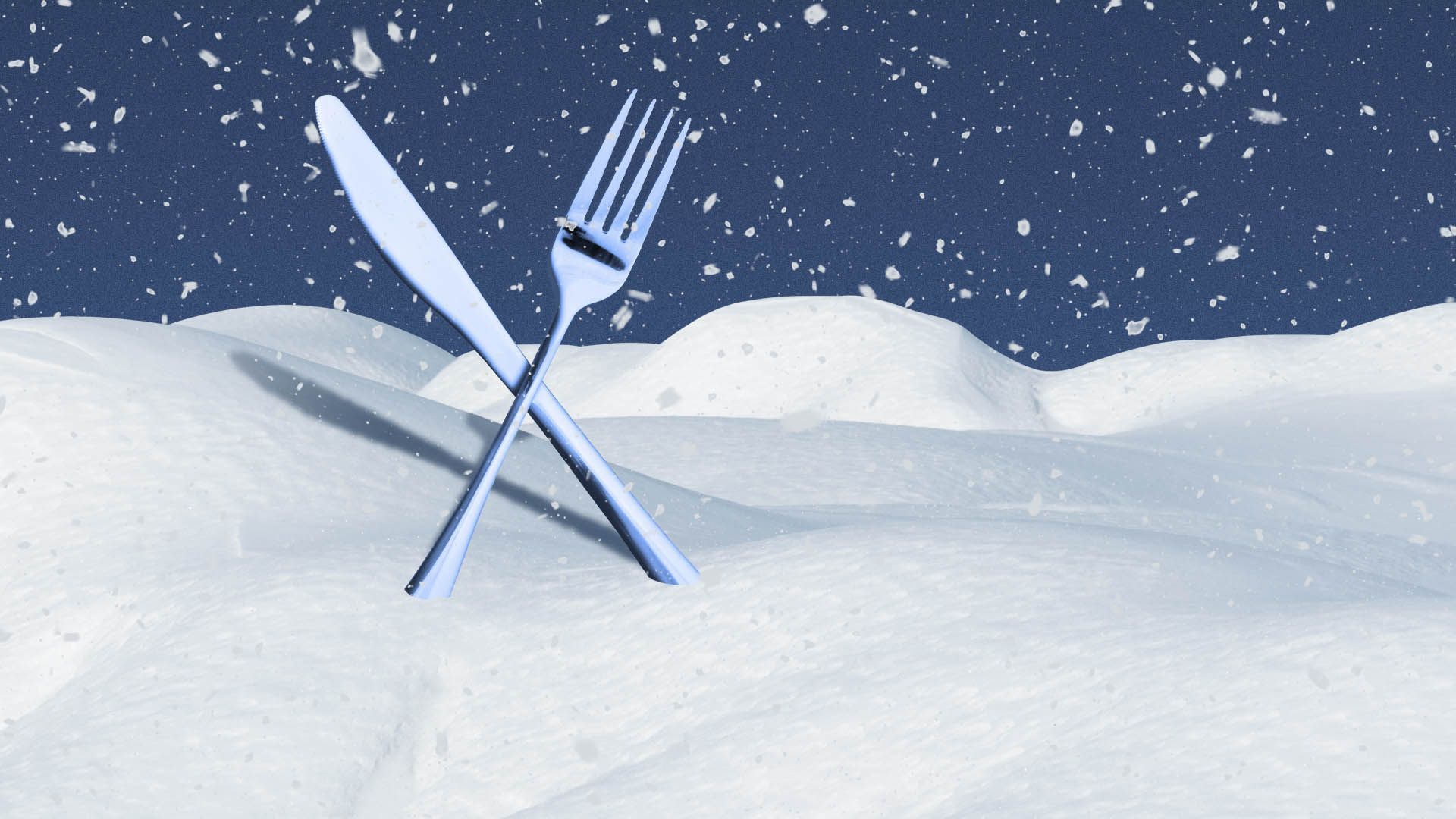 Illustration of a knife and fork buried in snow