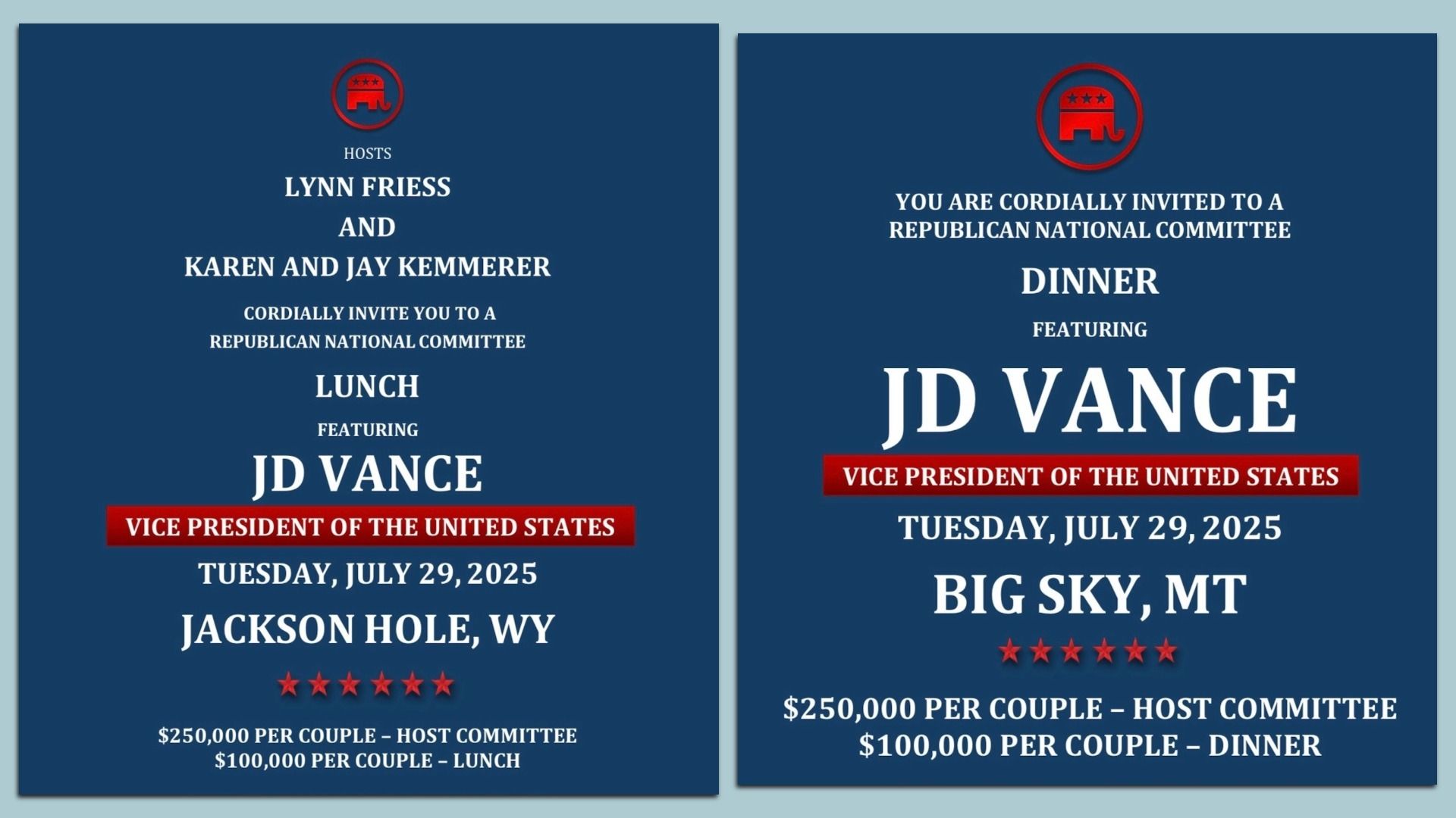 Two blue Republican National Committee invitations featuring JD Vance, Vice President, for a July 29, 2025 lunch in Jackson Hole, WY, and dinner in Big Sky, MT, with red elephant logos.