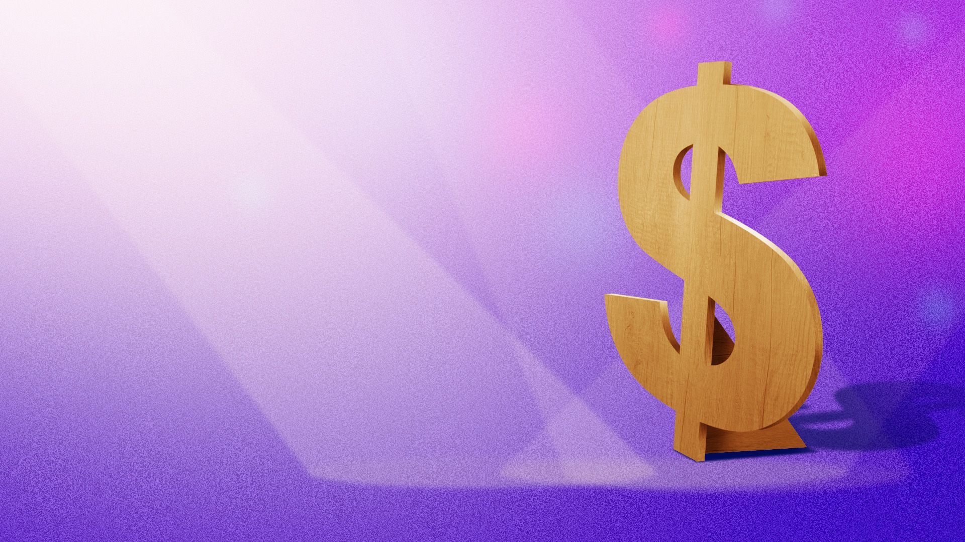 Illustration of a wooden prop dollar bill surrounded by stage lighting