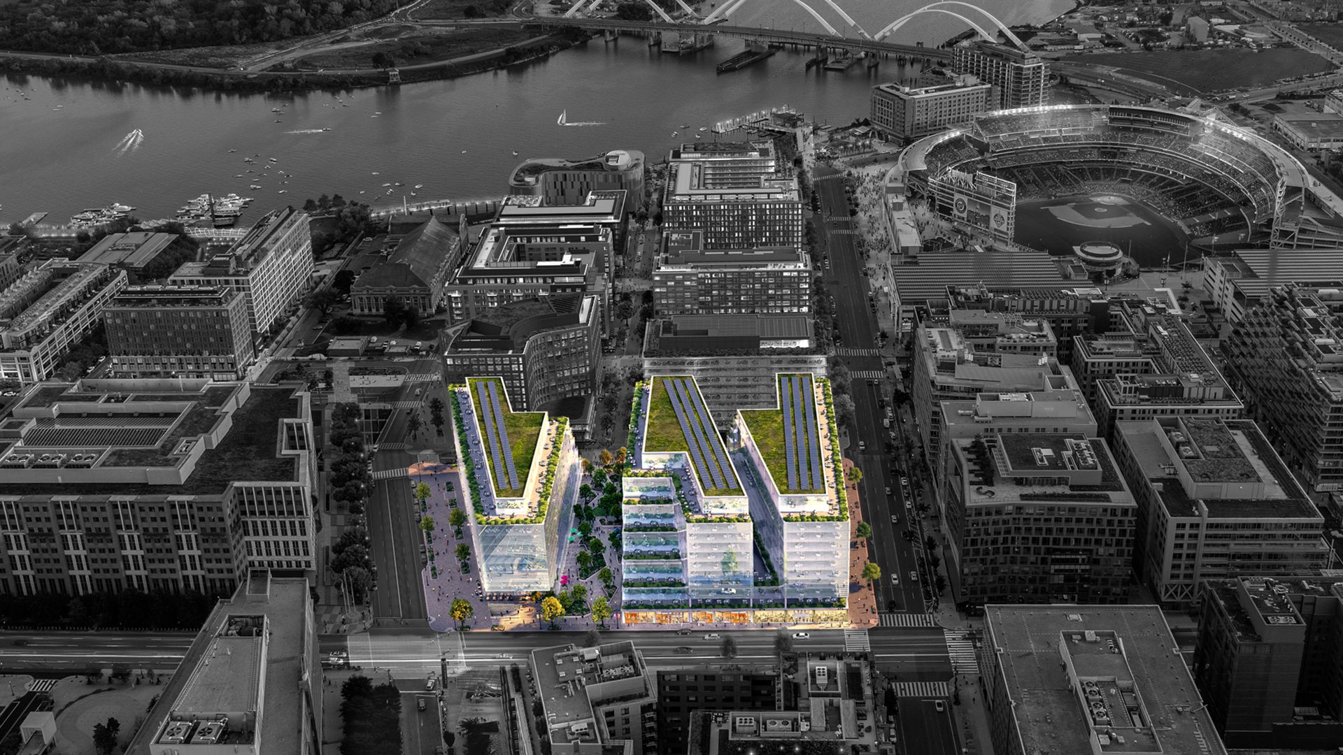 A rendering of concept future development in Navy Yard with a potential company campus highlighted.