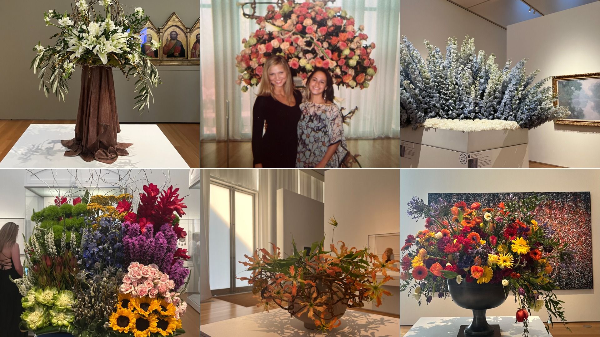 Collage of six images featuring various floral arrangements in a museum setting.
