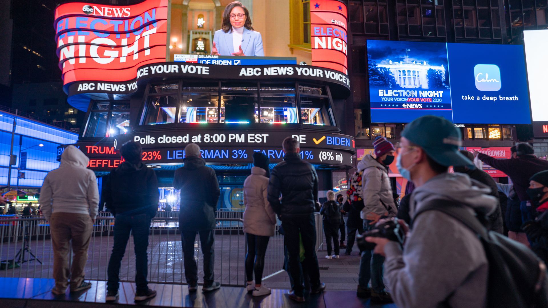 People gather in Times Square as they await election results in New York City.