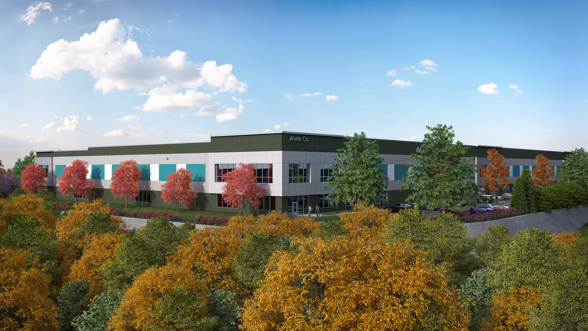 Modern two-story office building labeled Acme Co. surrounded by trees with green, yellow, and red leaves under a blue sky with scattered clouds.