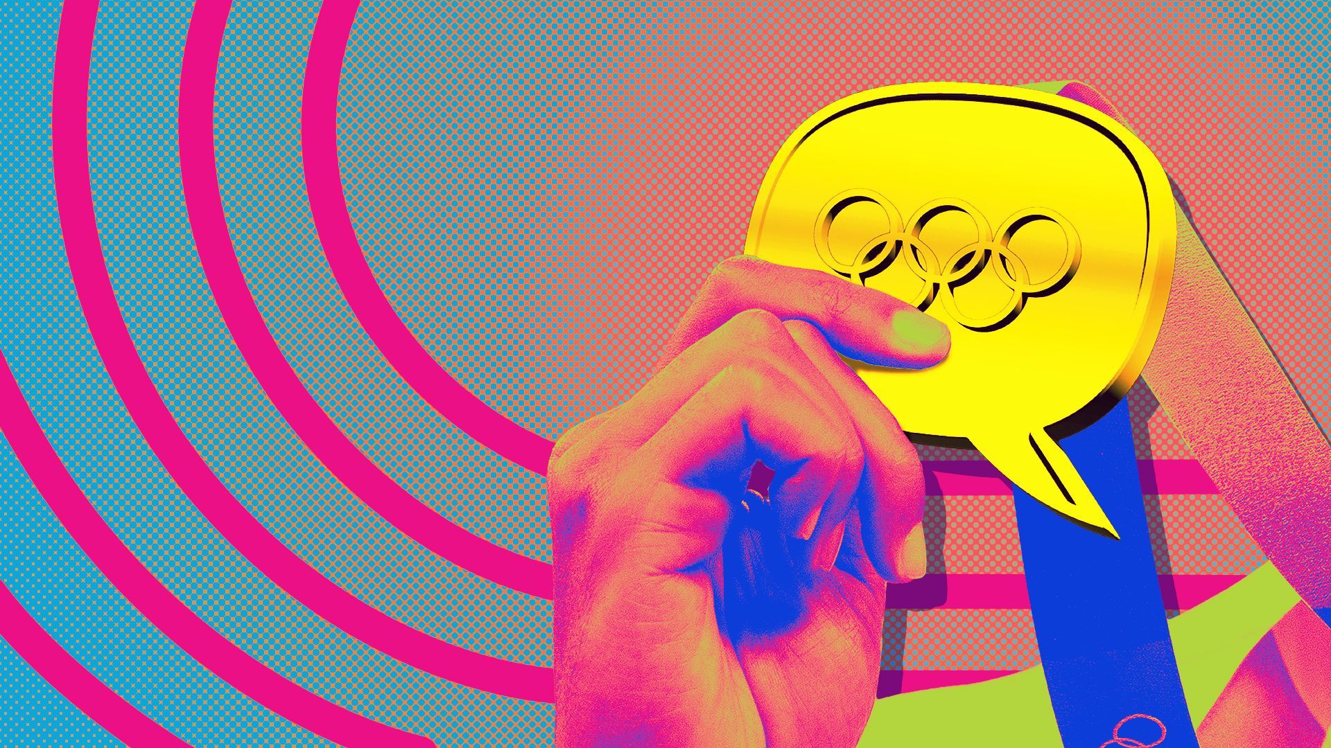 Photo illustration of a hand holding a gold Olympic medal shaped like a word balloon.