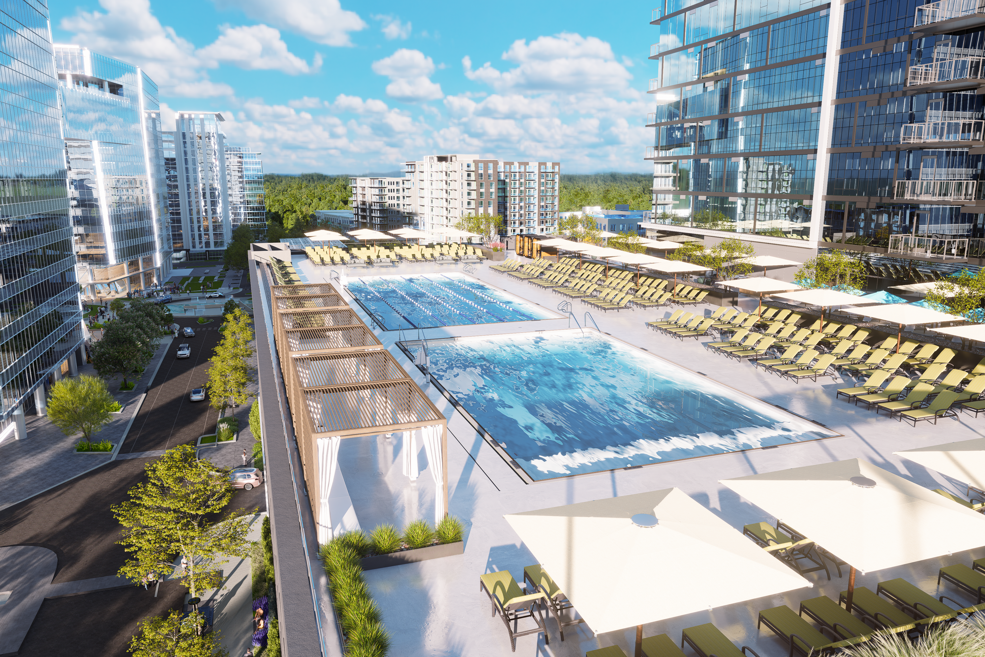 A modern urban complex with tall glass buildings encircling a rooftop pool. Rows of yellow lounge chairs under white umbrellas line the sun deck, with trees and a blue sky in the background.