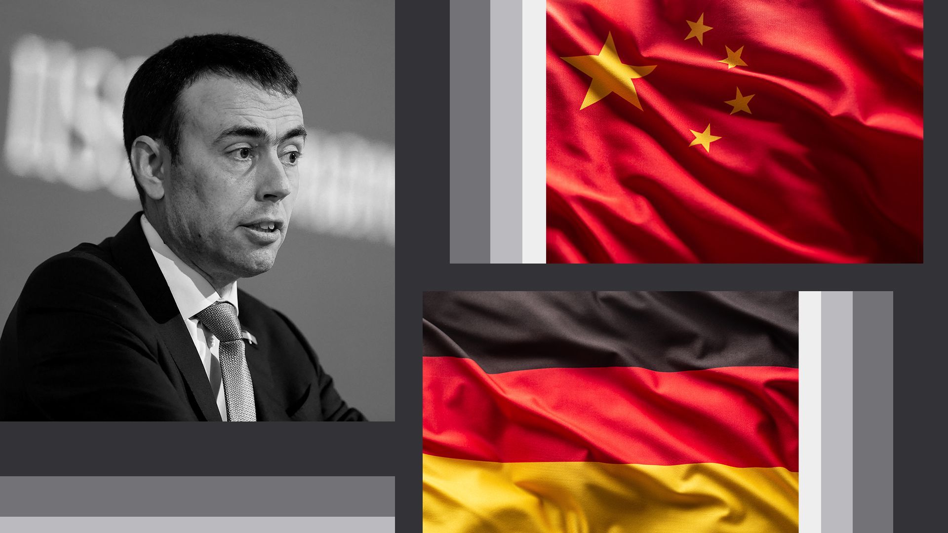 Photo collage illustration of Nils Schmid and flags of Germany and China