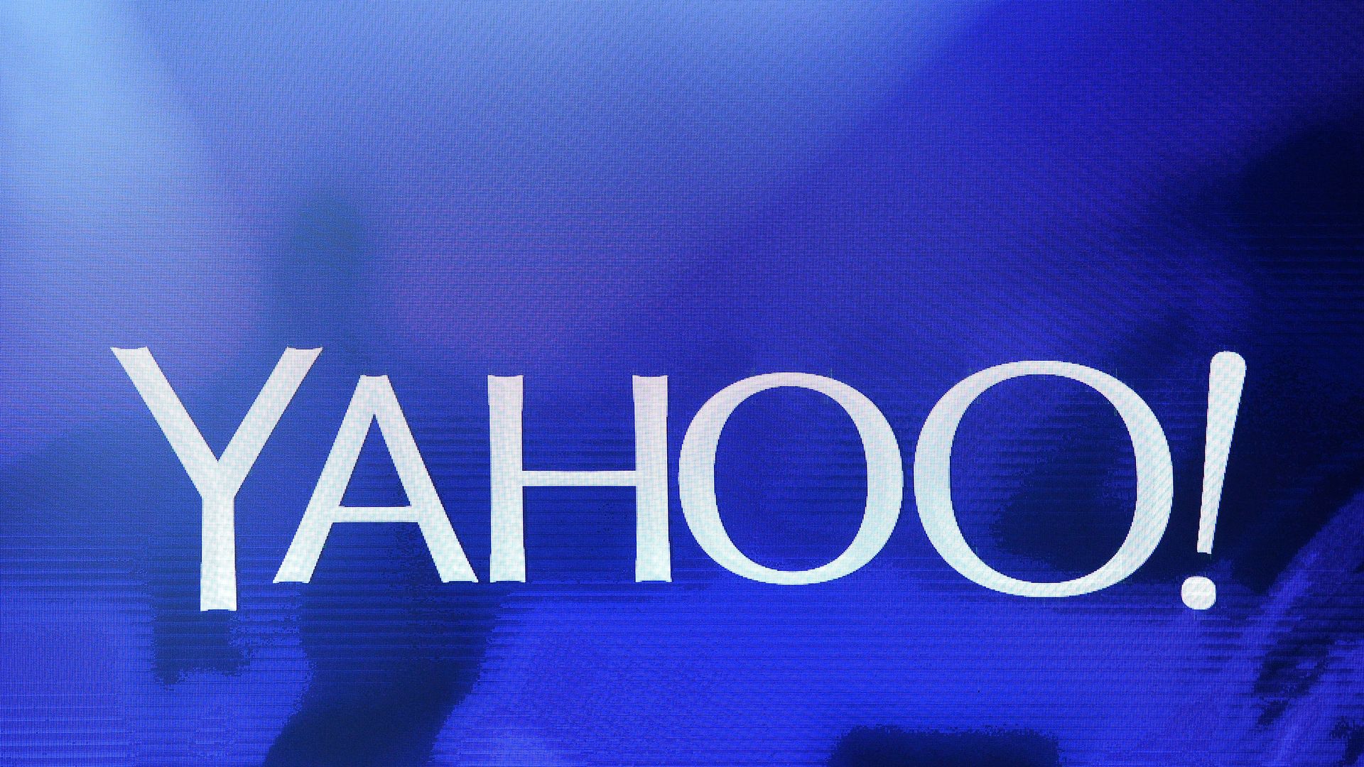 White Yahoo! logo on blue frosted glass.