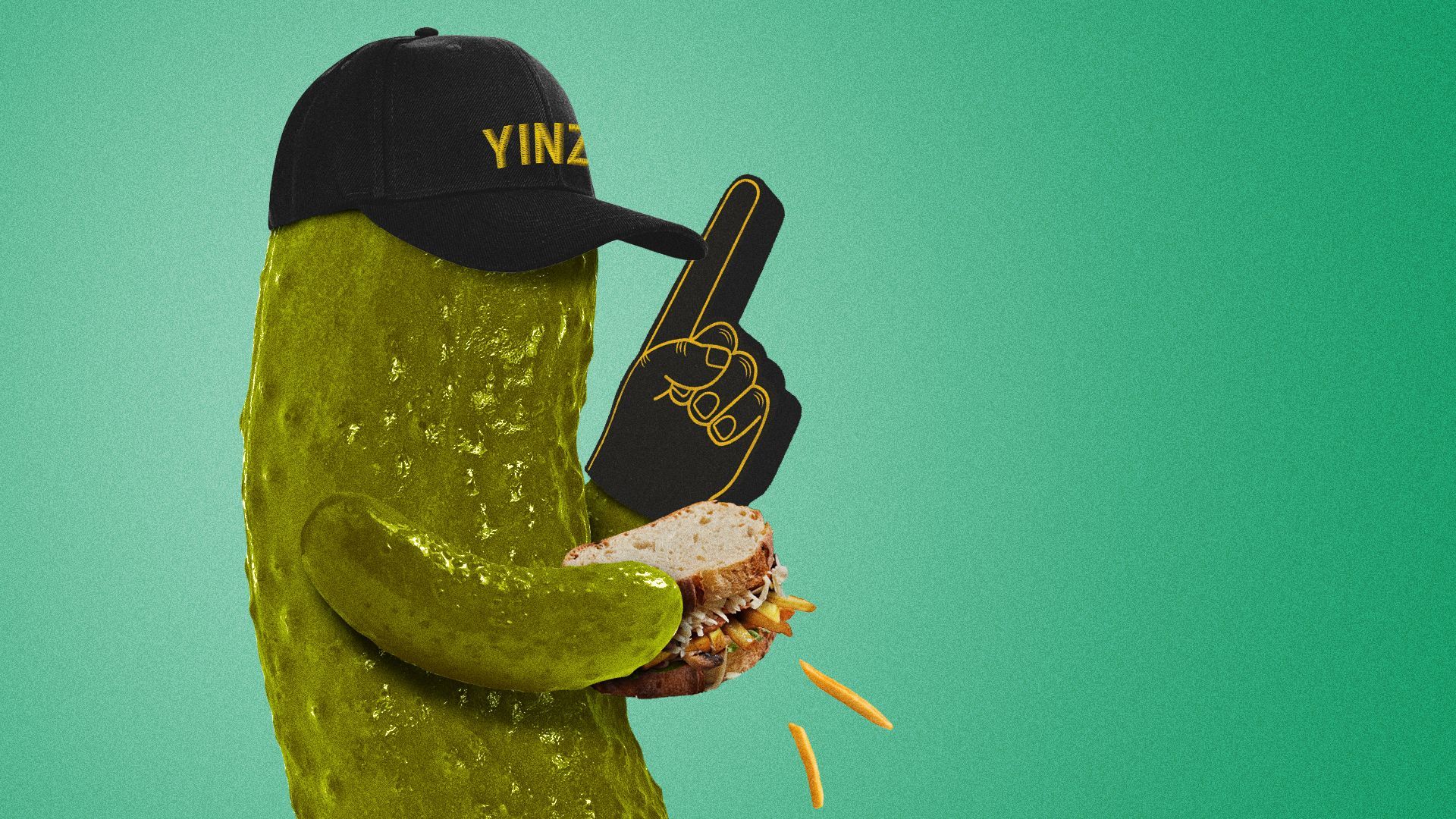 Illustration of a pickle eating a sandwich with french fries on it and wearing Pittsburgh regalia.