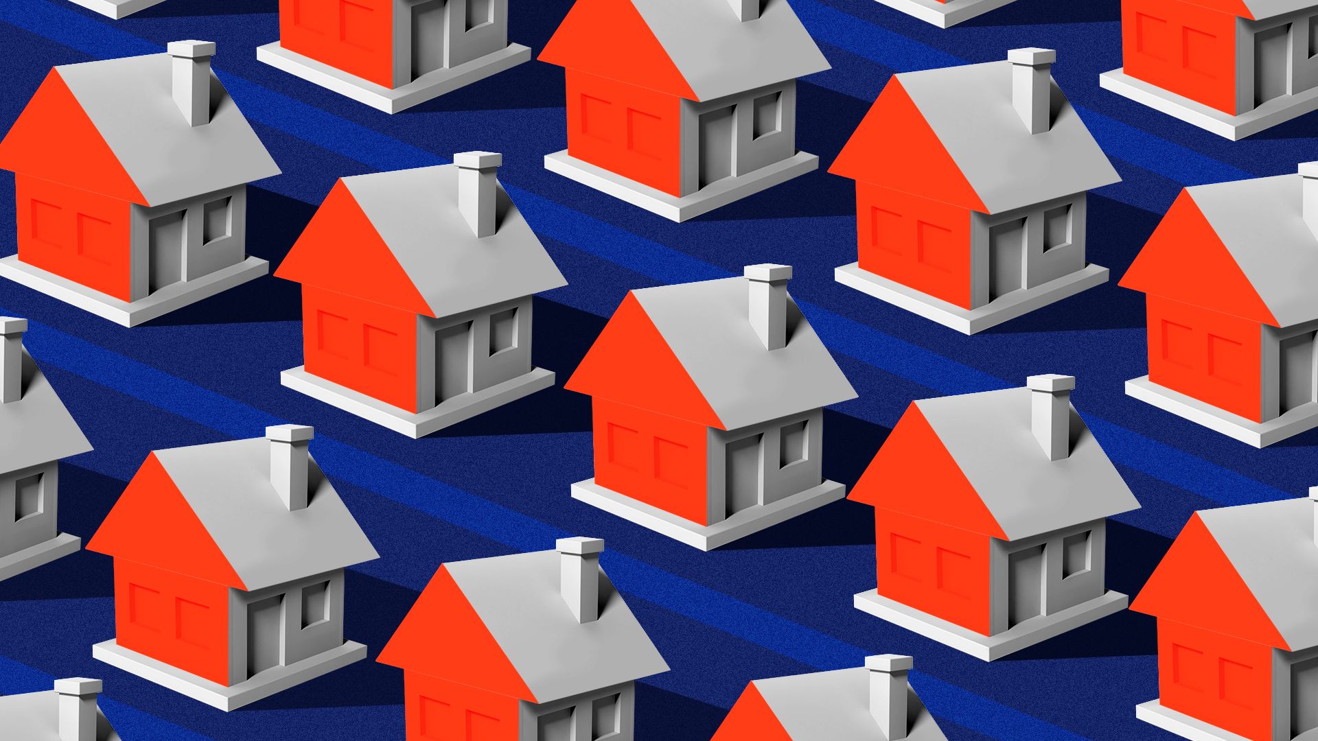 Illustration of a pattern of houses all featuring red arrows pointing upwards