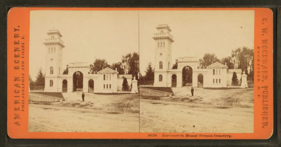 A stereograph of Mount Vernon Cemetery's historic gate.