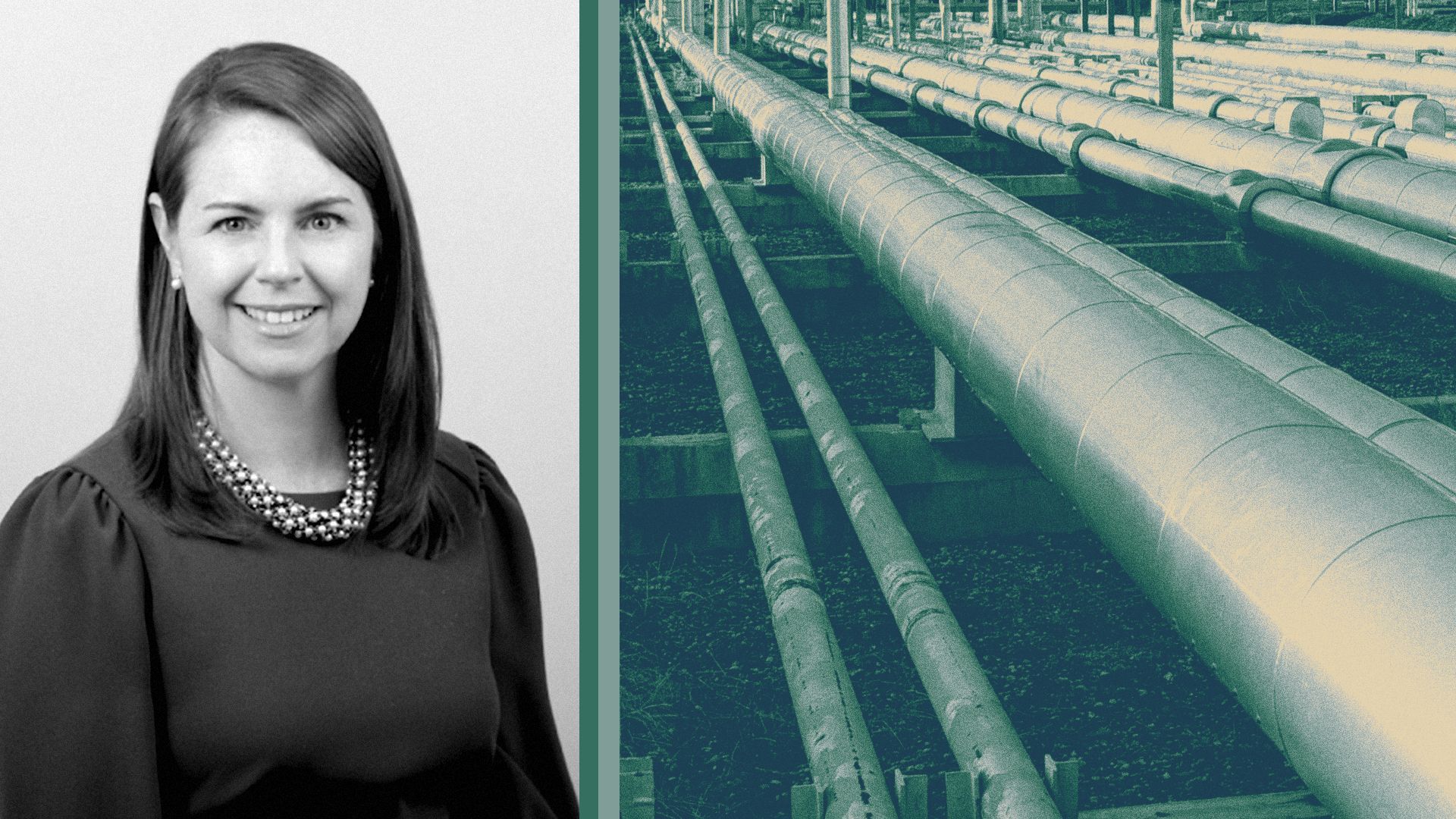Photo illustration of Amy Andraszak next to a photo of pipelines.