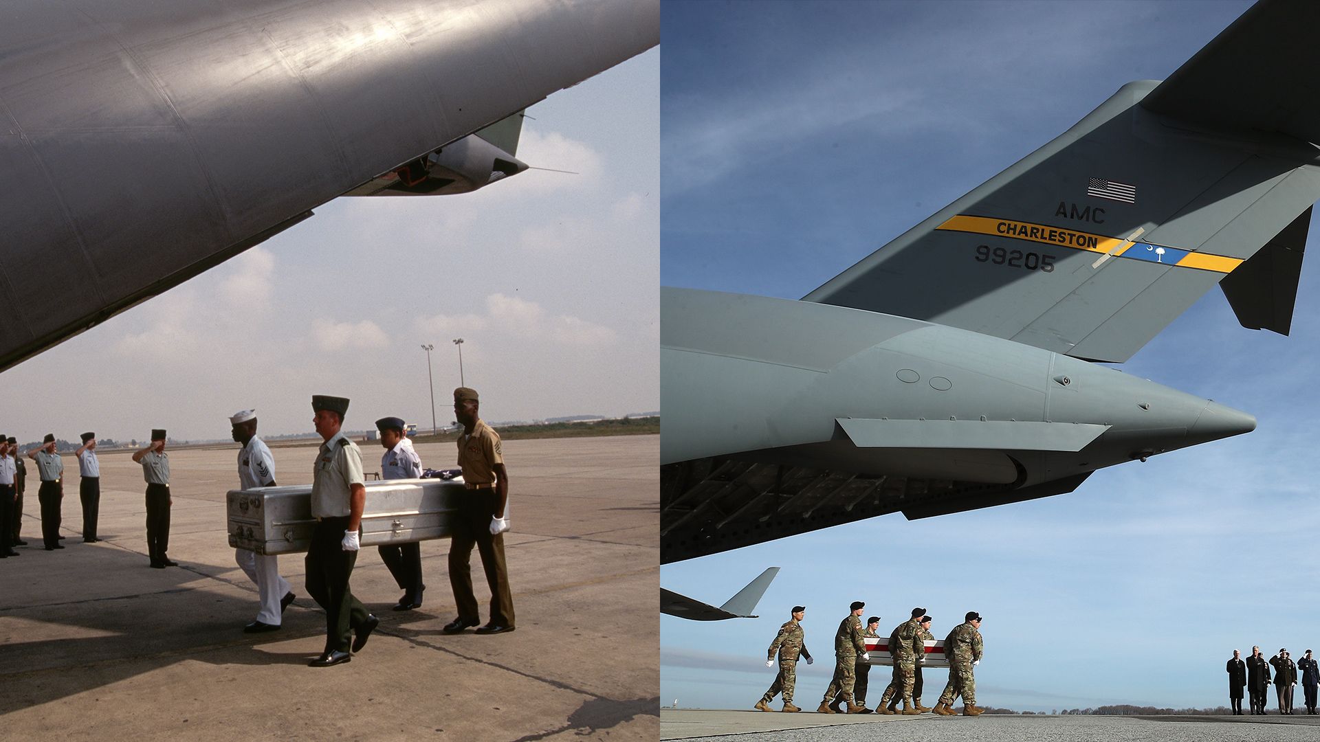 Side by side photos from the Vietnam and Afghanistan wars, showing soldiers carrying coffins draped in American flags out from military aircraft.