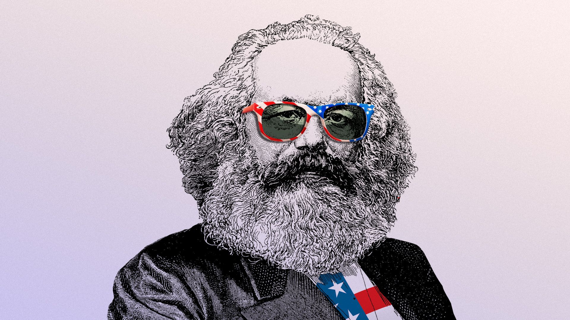 Illustration of Karl Marx wearing a pair of American flag sunglasses and t-shirt