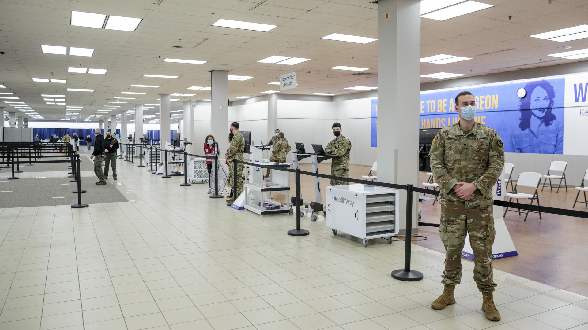 Members of the New York Army National Guard at the Morris County Covid-19 vaccination site at the Townsquare Mall in Rockaway, New Jersey, U.S., on Friday, Jan. 8, 2021