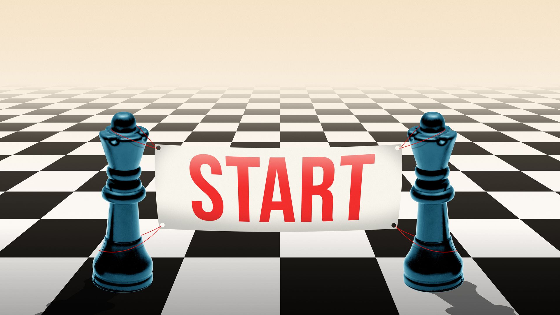 Illustration of a chess board featuring two chess pieces with a start sign between them