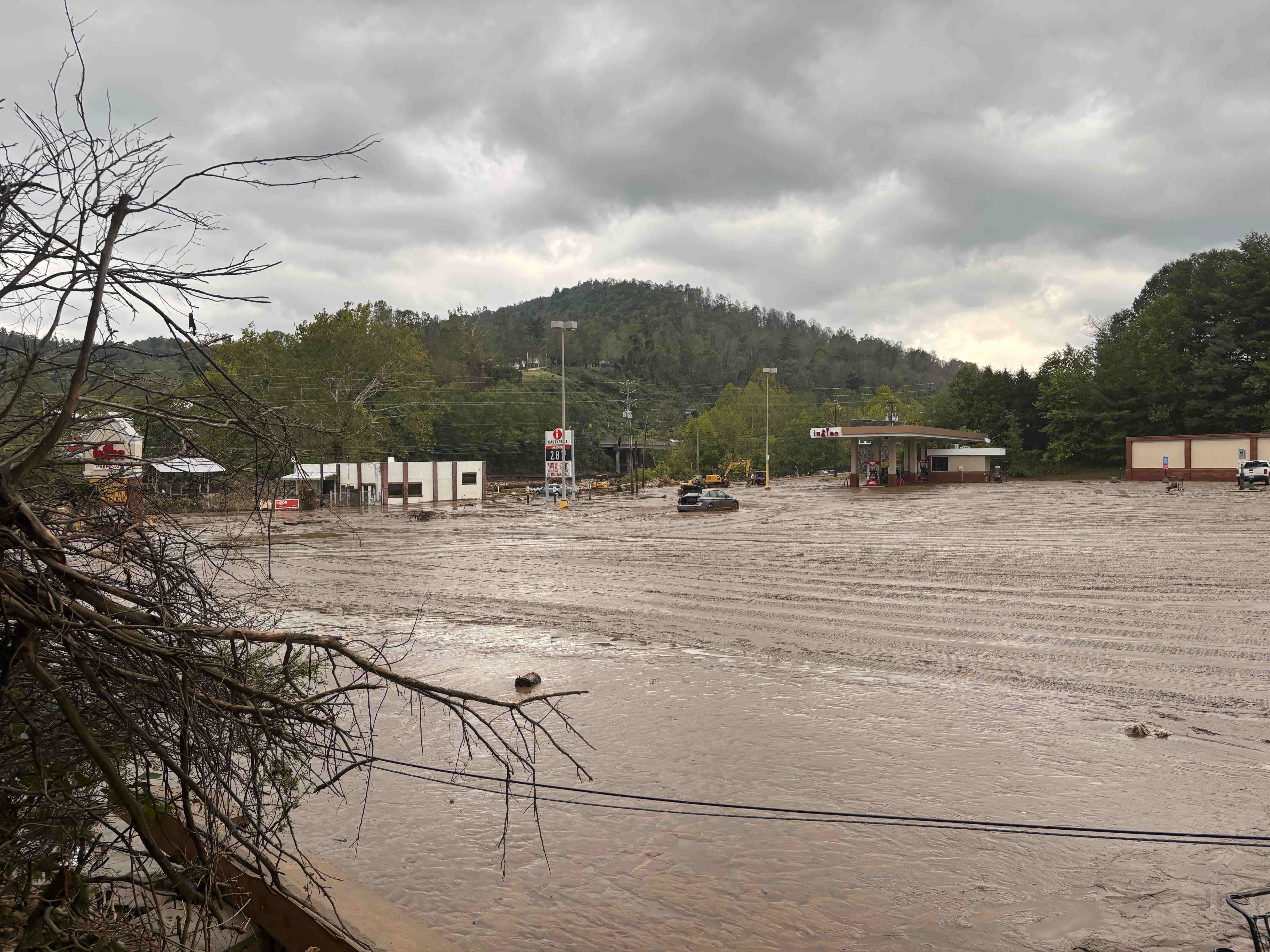 Flood waters beneath a mountain