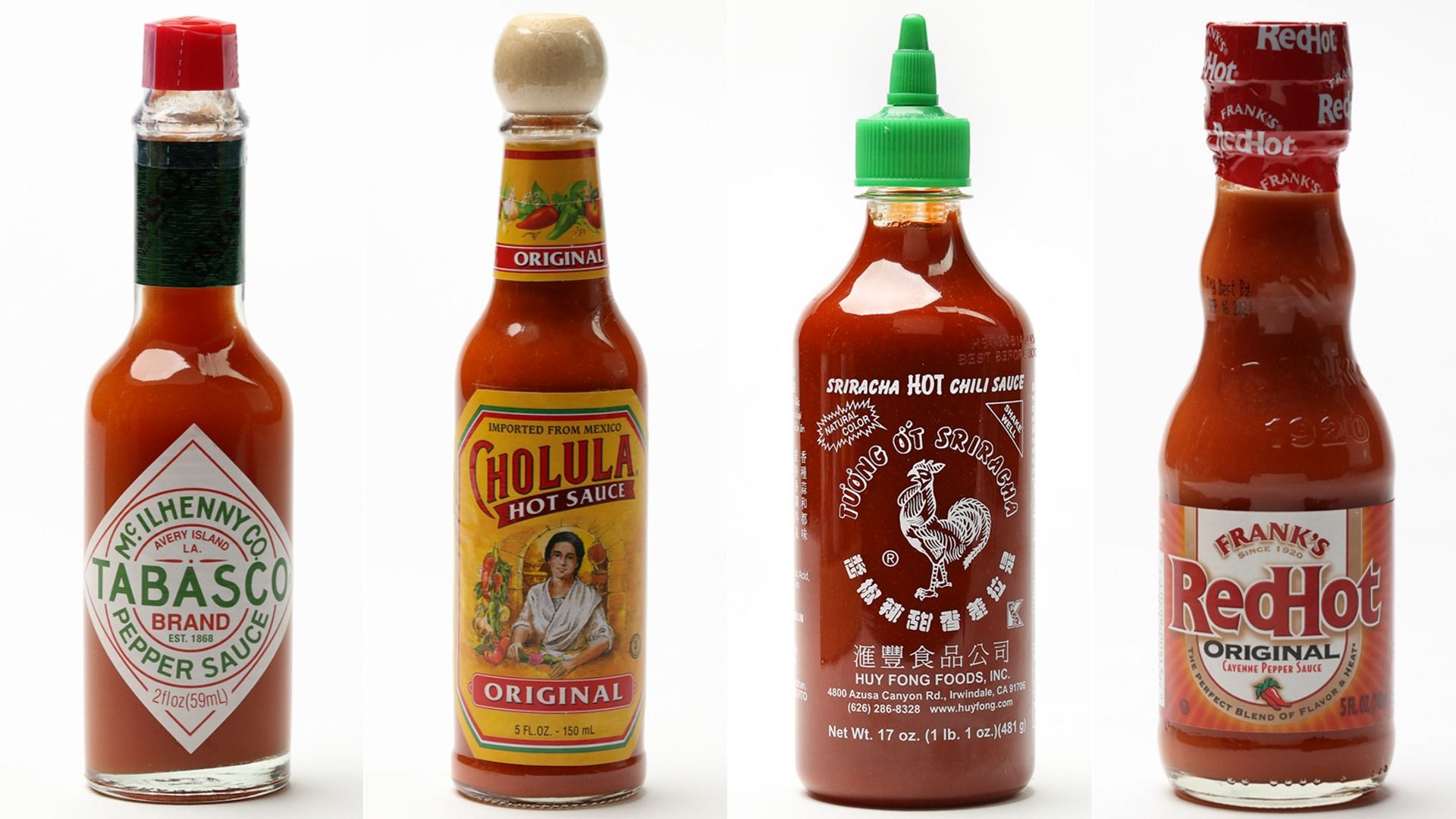 Photos show bottles of Tabasco, Cholula, Sriracha and Frank's Red Hot.