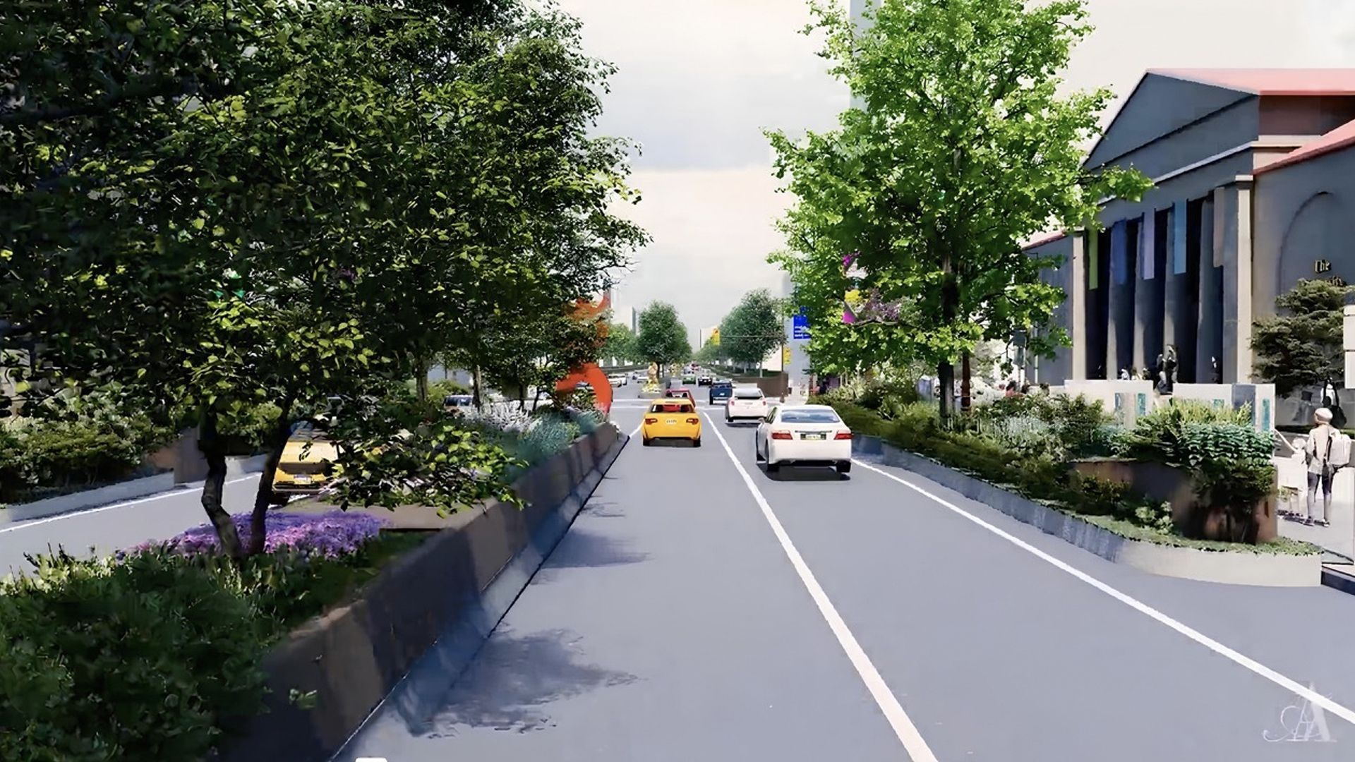 A rendering of the Avenue of the Arts in Philadelphia, or South Broad Street, with two lanes of cars, green trees, purple flowers on the left, a building with columns on the right, and sidewalk with pedestrians under a cloudy sky.