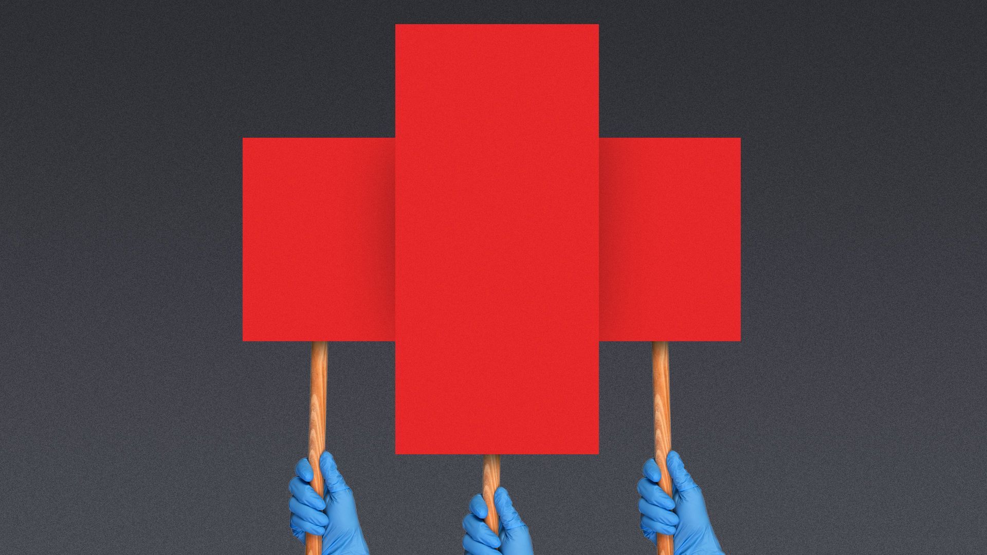 Illustration of hands in medical gloves holding red picket signs, forming a red cross symbol.