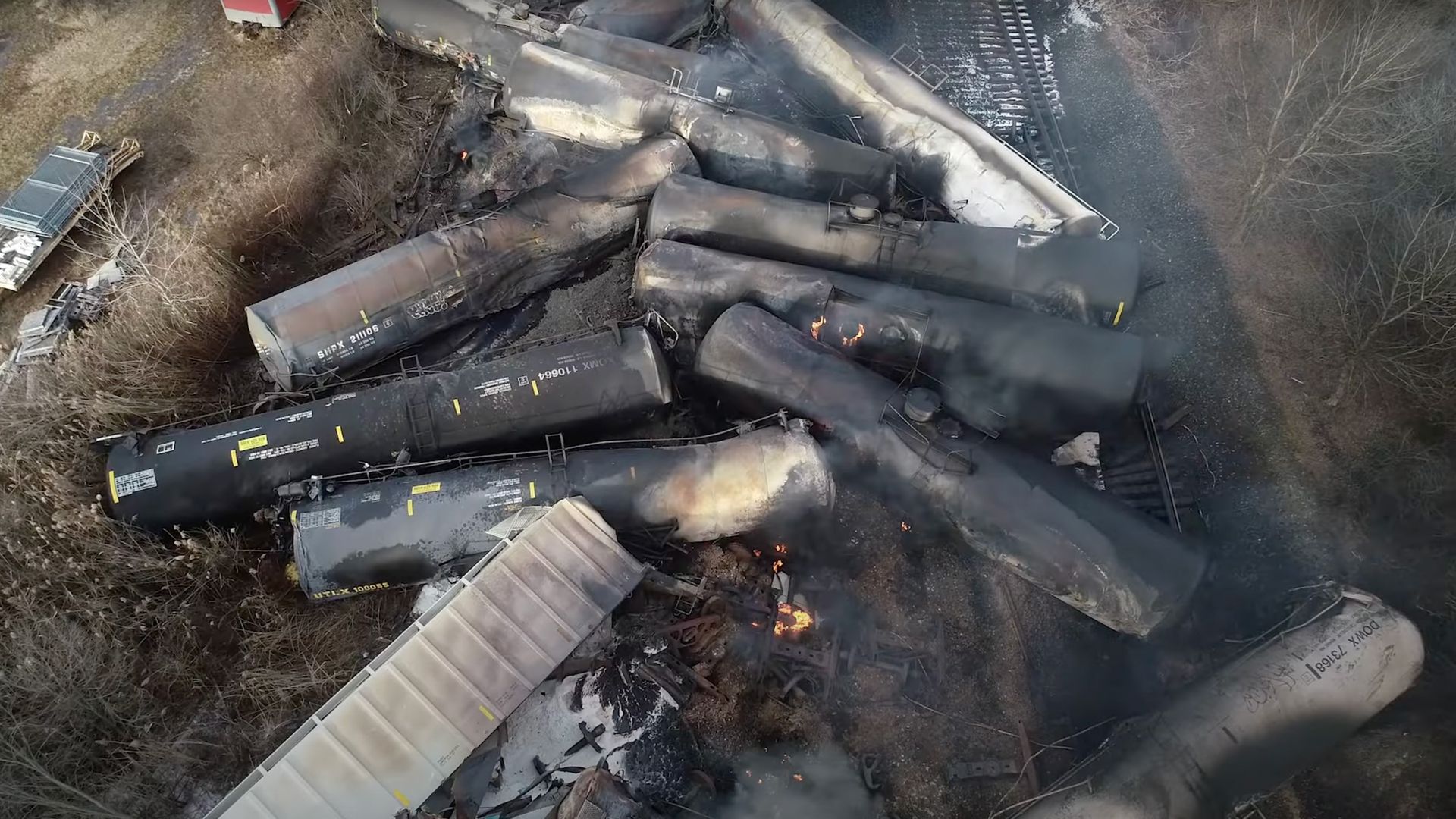 A derailed Norfolk Southern freight train in East Palestine, Ohio, in February 2023.