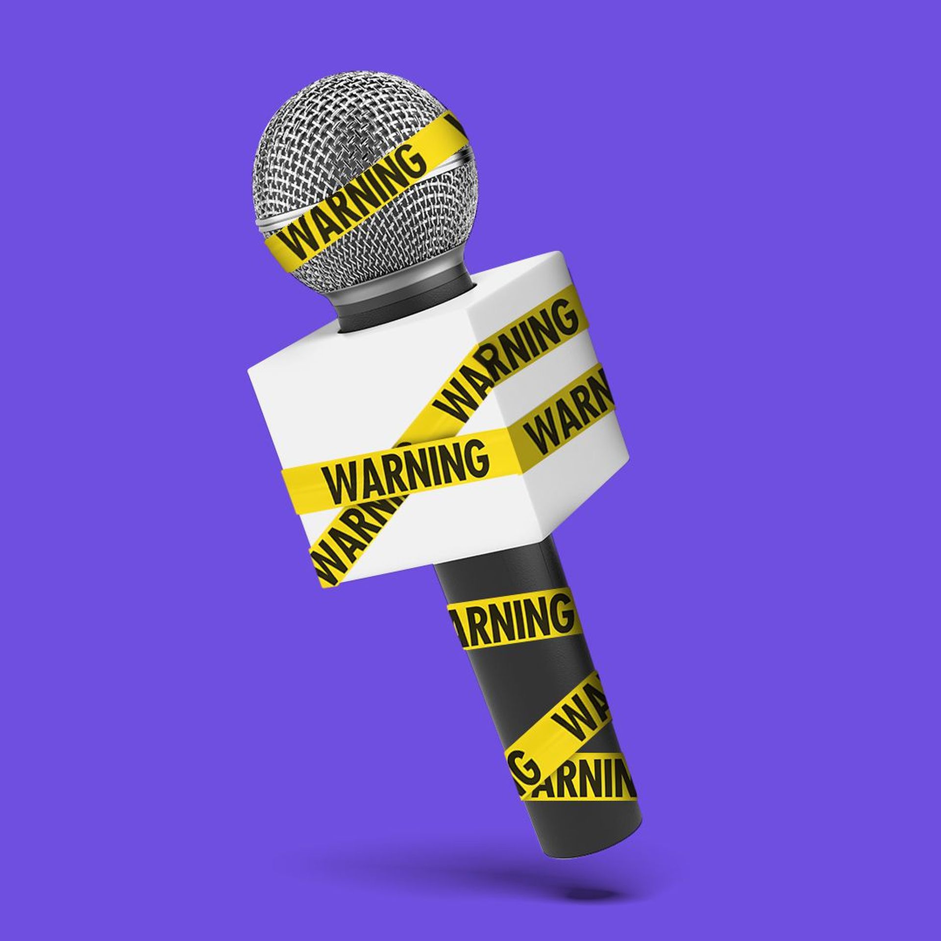 Illustration of a microphone wrapped up in warning tape. 