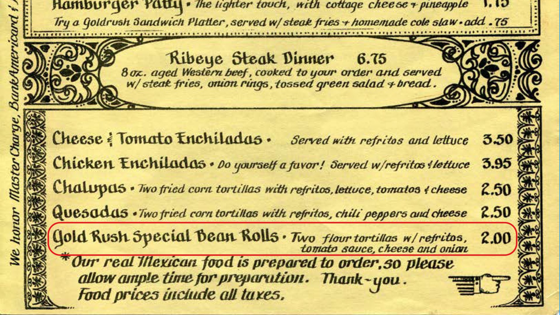 A photo of an old menu from the Gold Rush