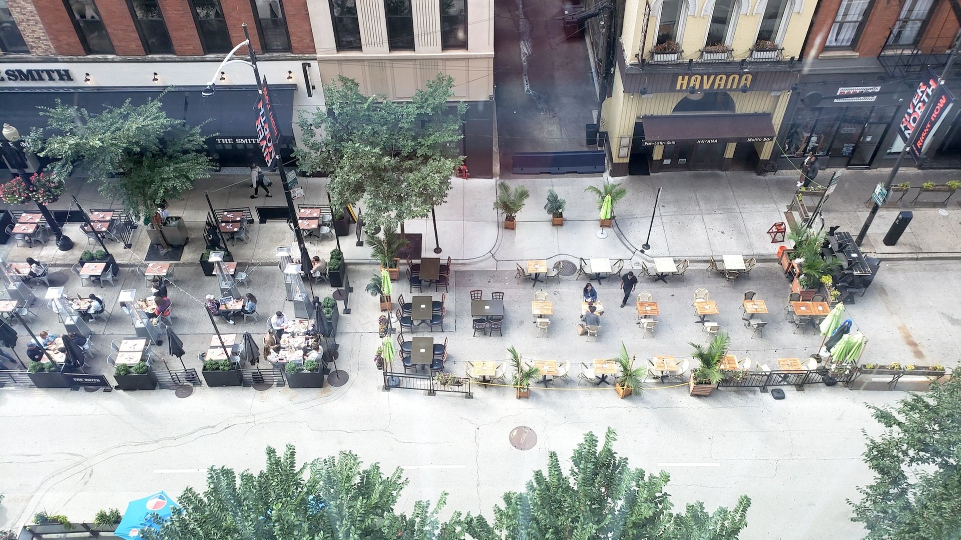 Aerial view of tables and chairs on Clark Street.