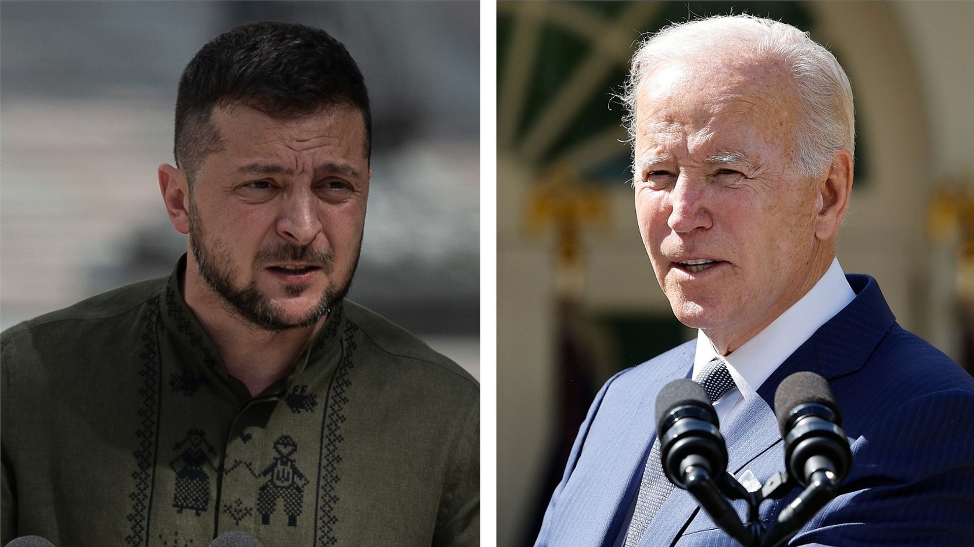 Combination images of Ukrainian President Volodymyr Zelensky and President Biden.
