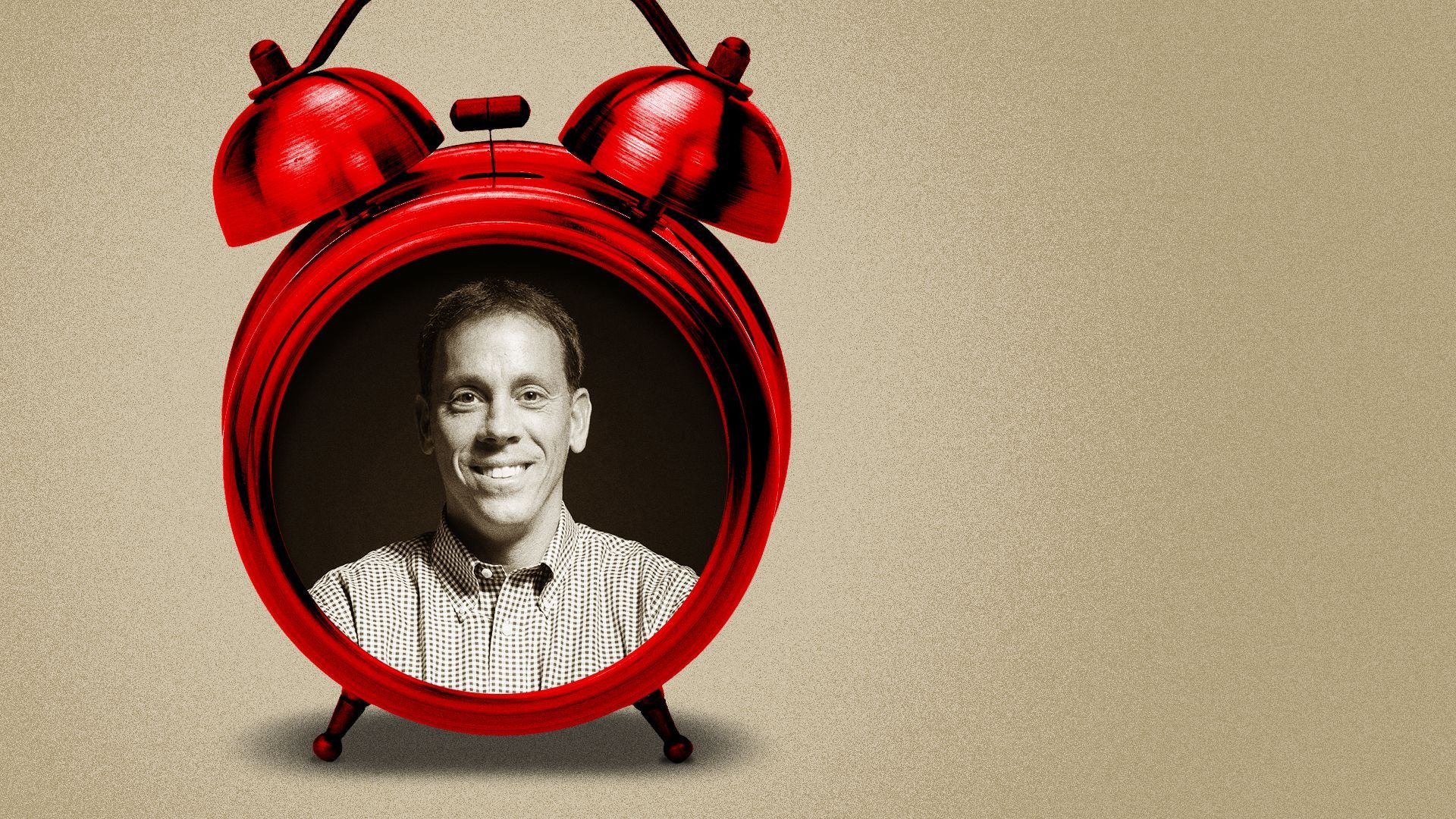 Photo illustration collage of Jim VandeHei inside a red alarm clock.