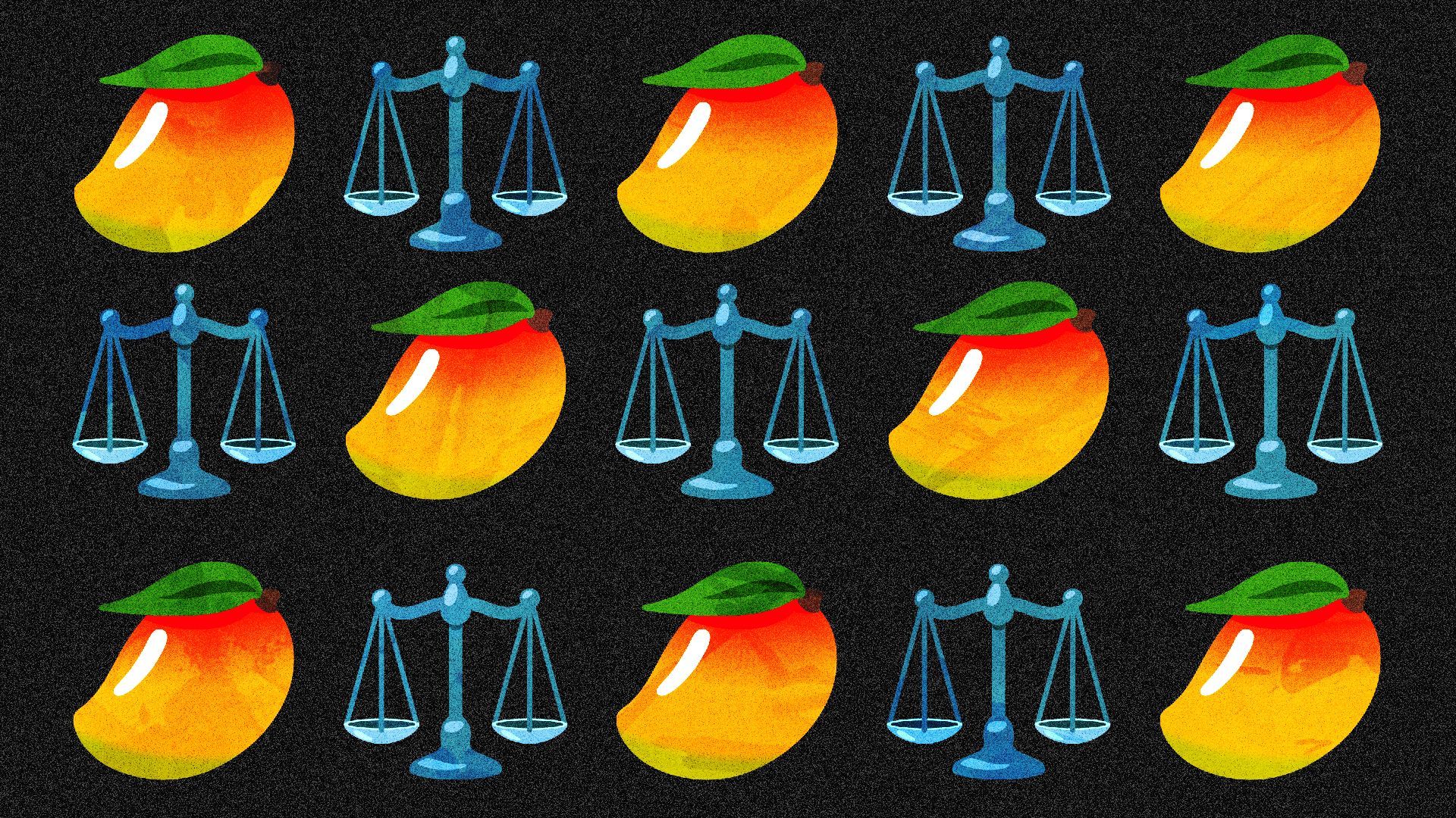 Illustration of a pattern of mangos and scales.