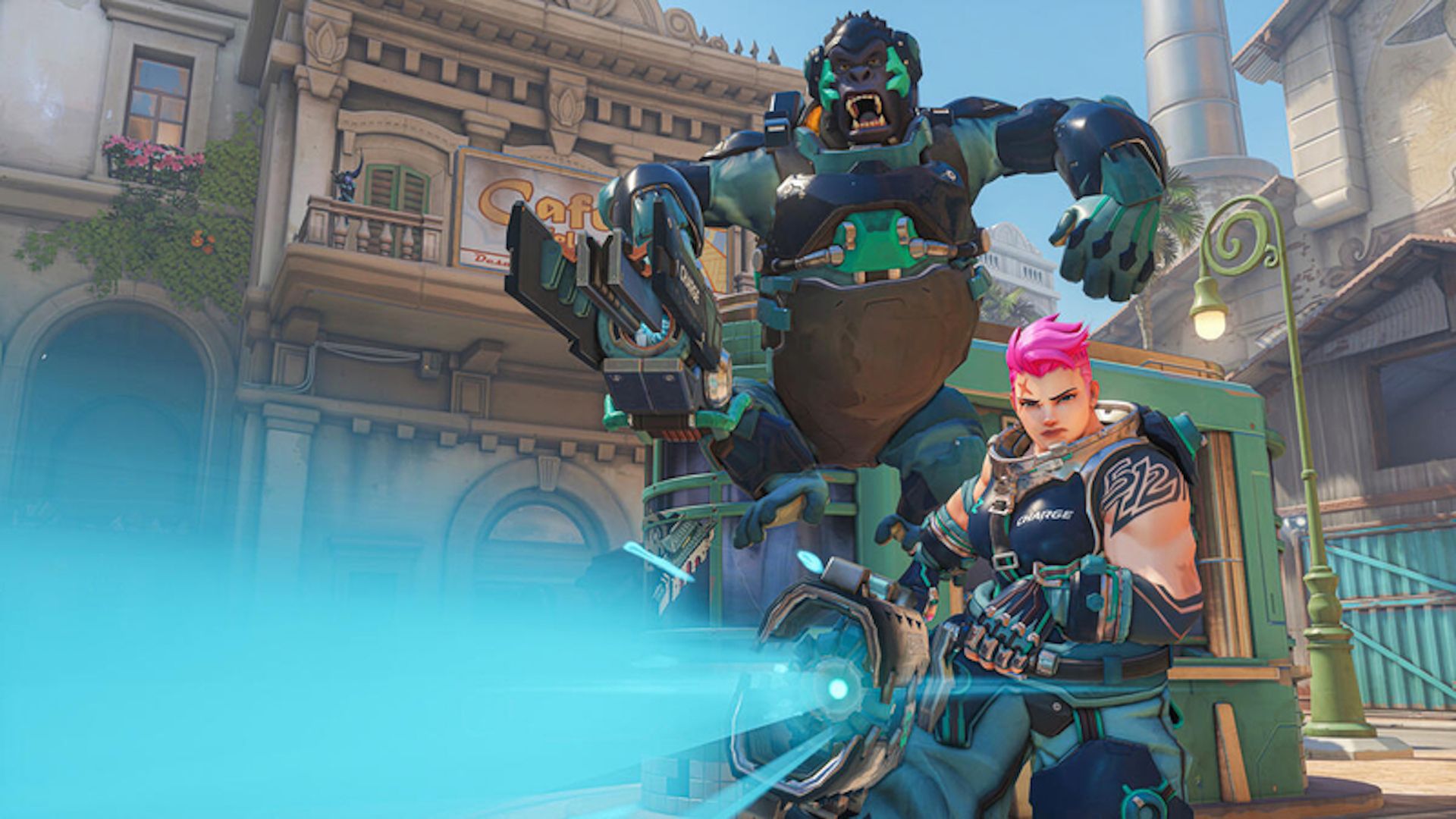 Video game screenshot of a pink-haired woman with a gun and an ape in armor