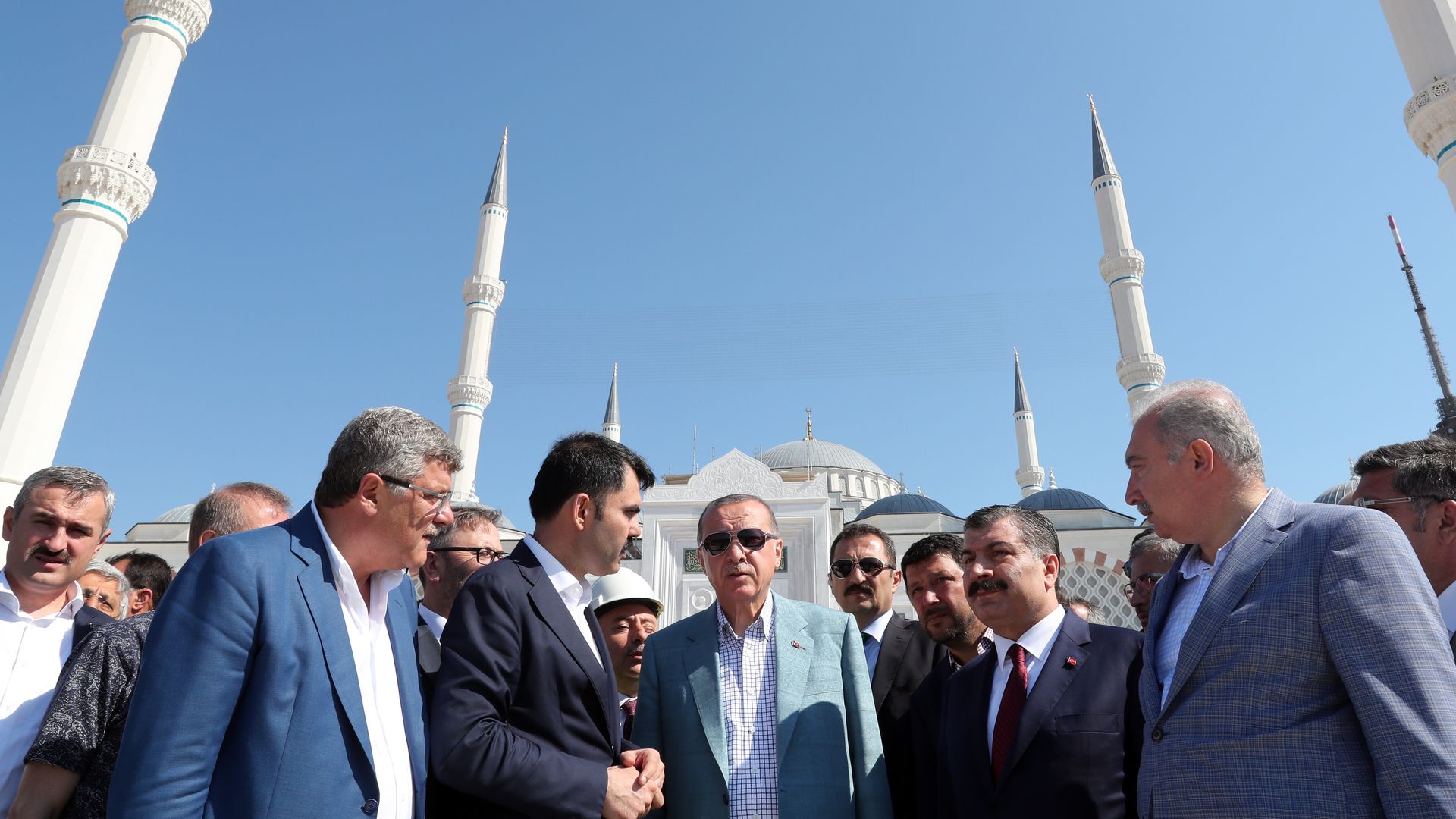 Turkish President Erdogan receives information about the current construction process of the Camlica Mosque from an engineer in Istanbul, Turkey on August 05, 2018.