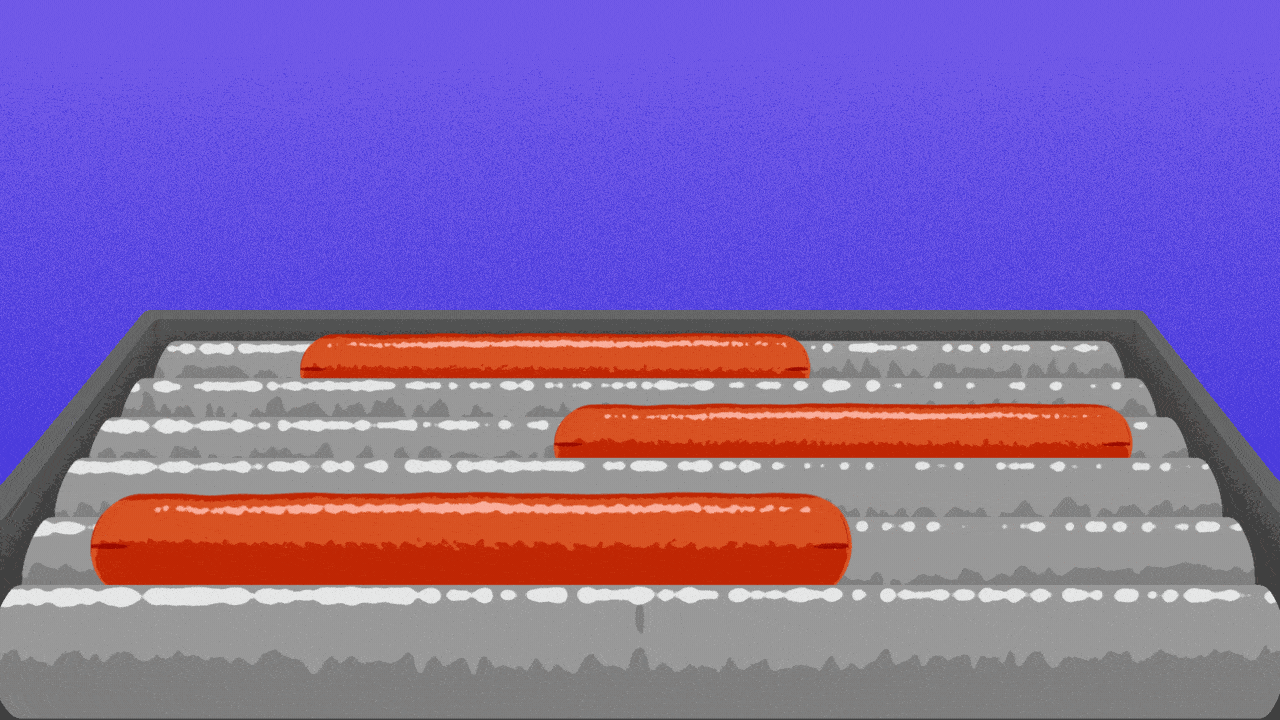 Animated illustration of hot dogs on a rolling heater with smoke rising up to form a dollar sign.