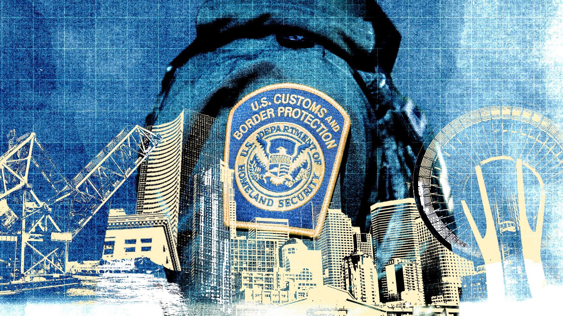 Photo illustration of a U.S. Customs and Border Protection agent over images of Seattle.