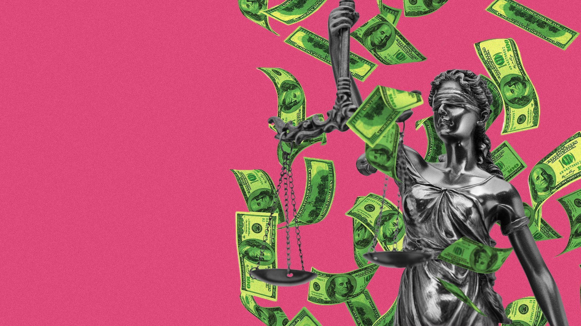Illustration of money falling down over a statue of Justice.