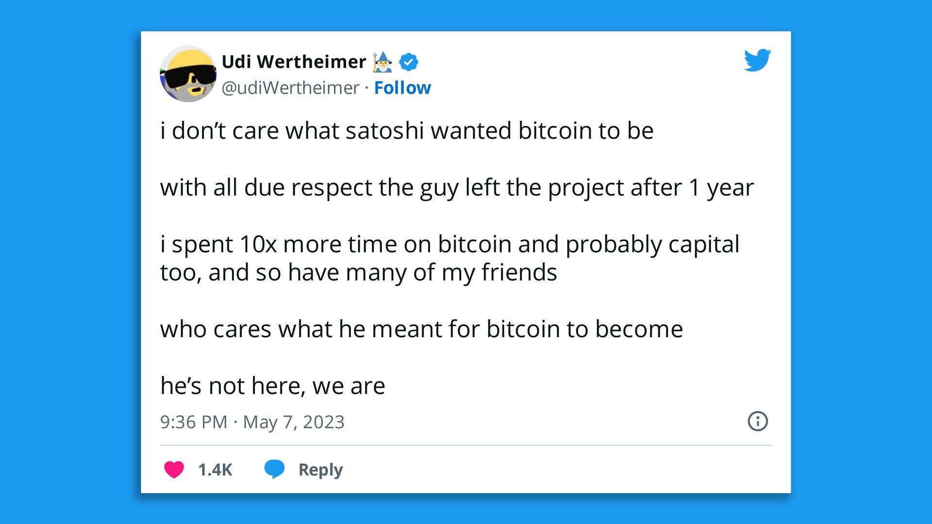 A screenshot of a tweet about Satoshi and Bitcoin.