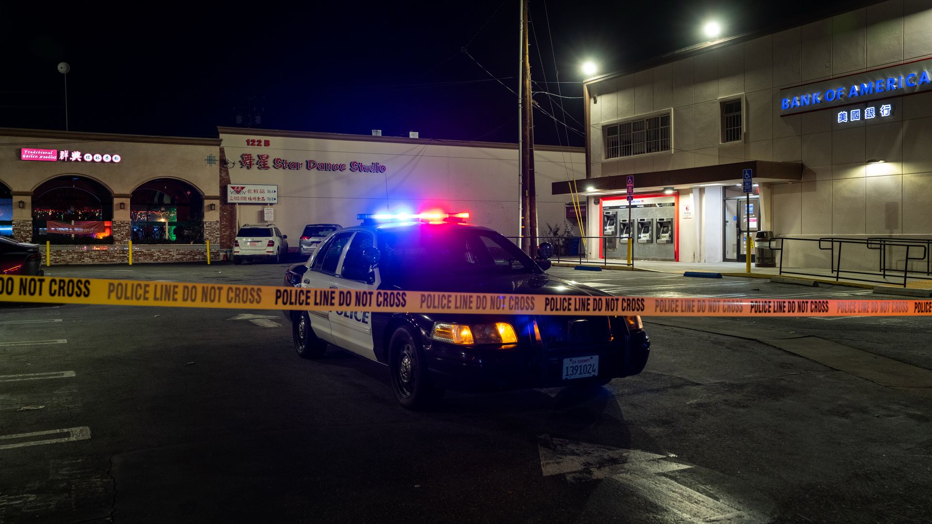 Police tape is seen near the scene of a deadly shooting on January 22, 2023 in Monterey Park, California