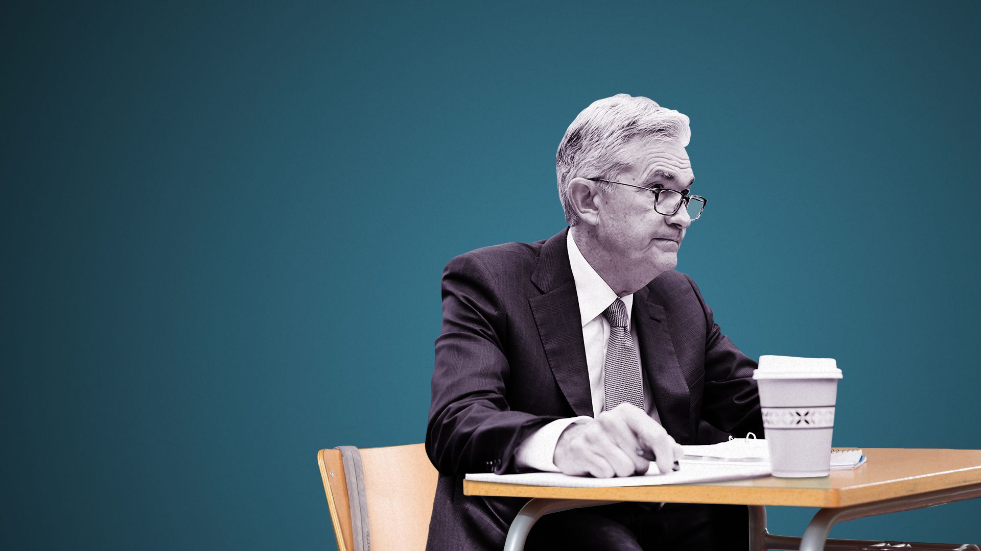 Illustration of Jerome Powell sitting at a school desk.