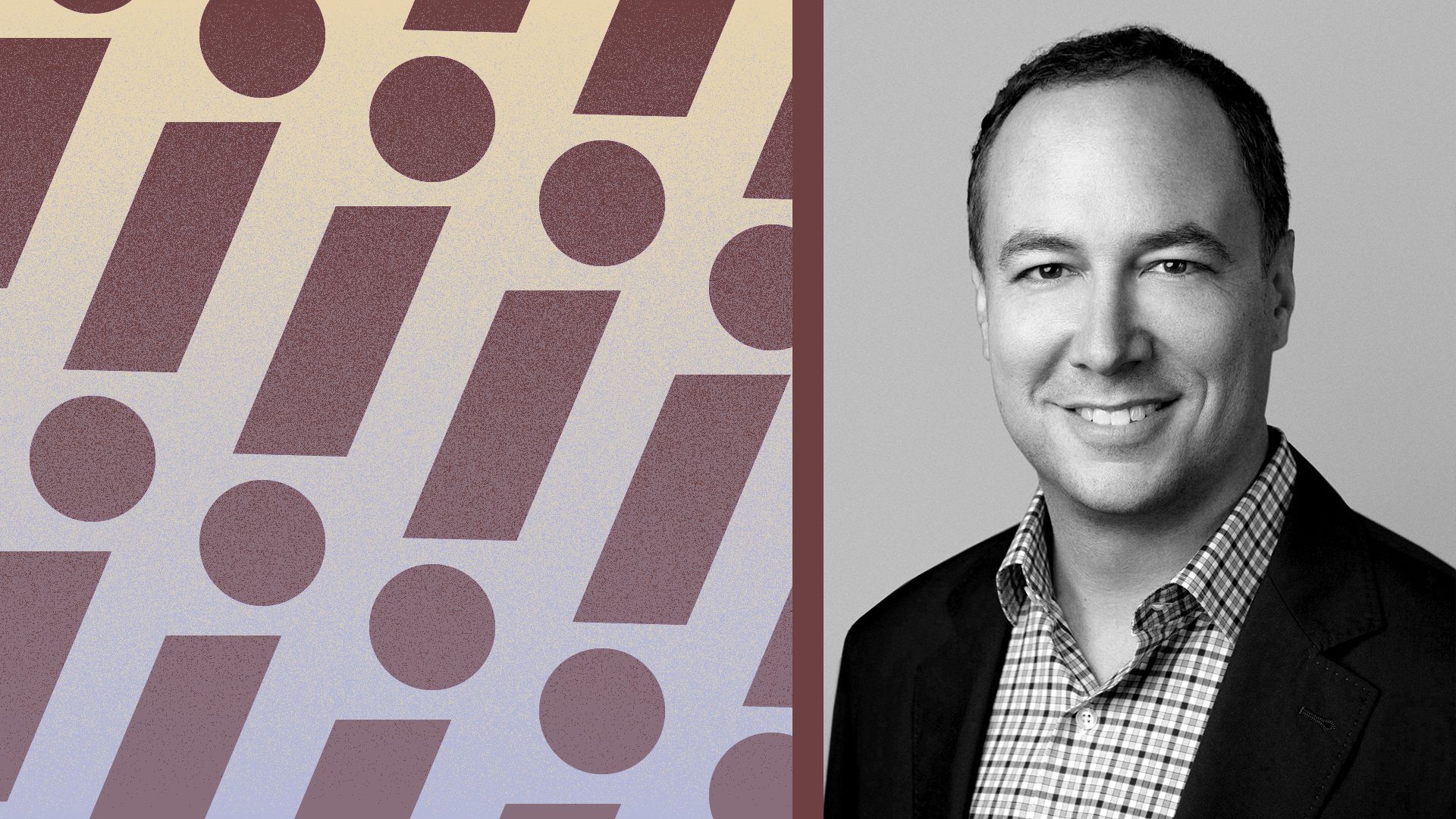 Photo illustration of Yahoo CEO Jim Lanzone next to a pattern made from the exclamation point from the Yahoo logo. 