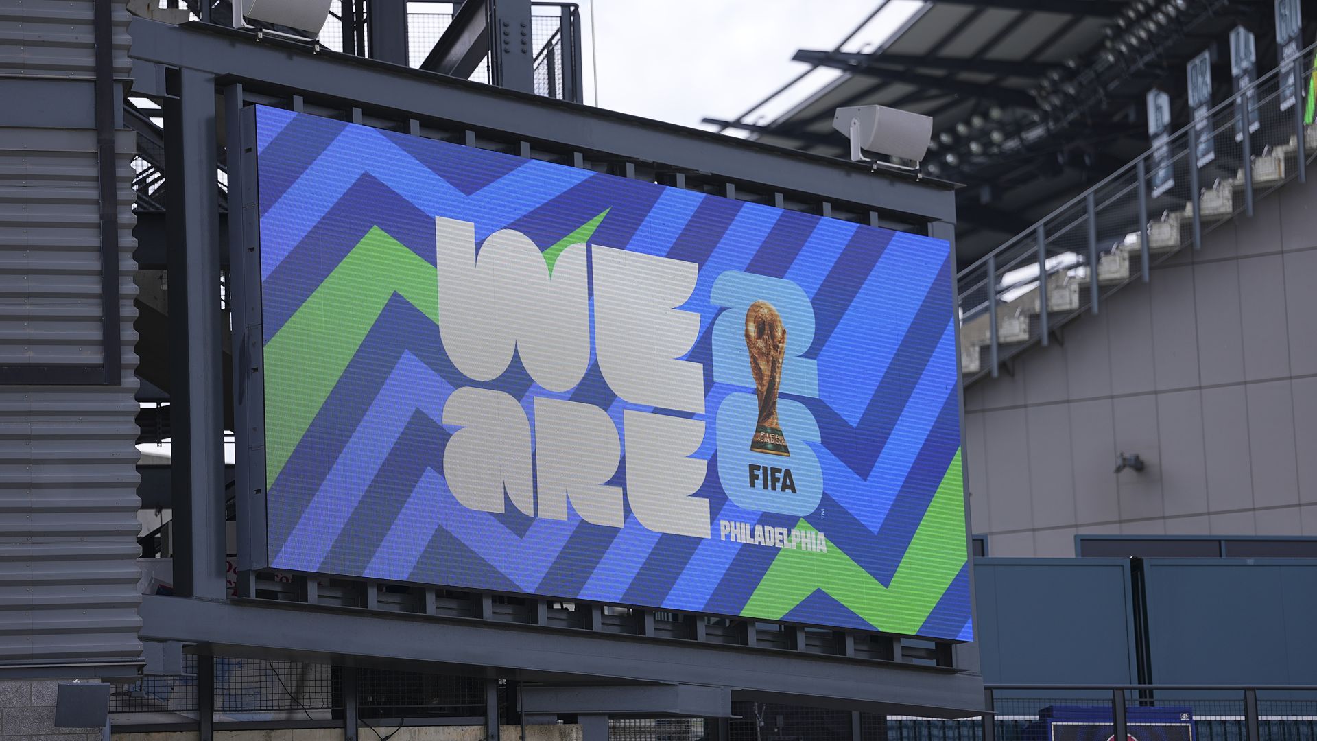 A FIFA sign that says "We are Philadelphia" at Lincoln Financial Field.