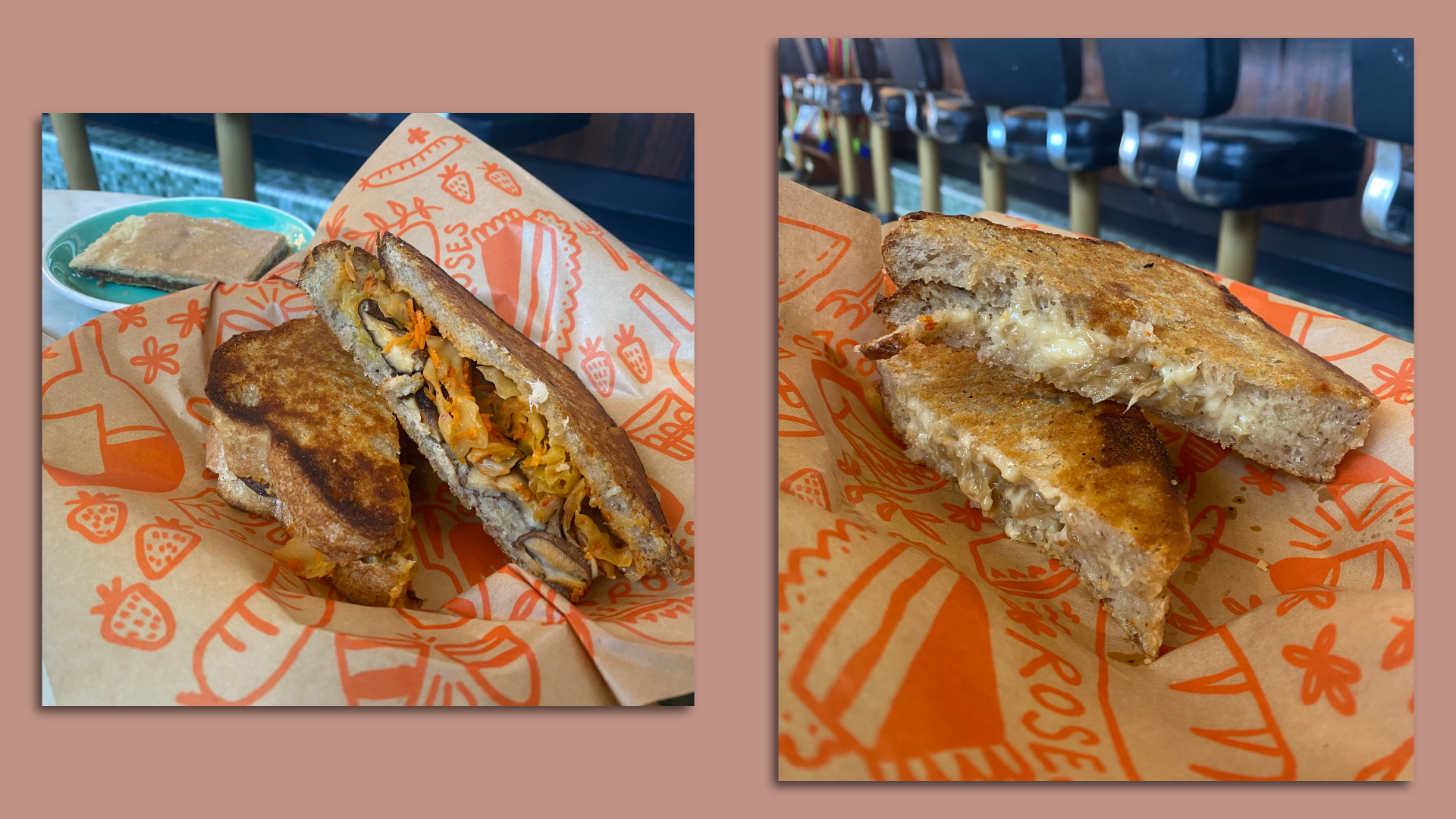 Two toasted sandwiches are shown on brown paper.