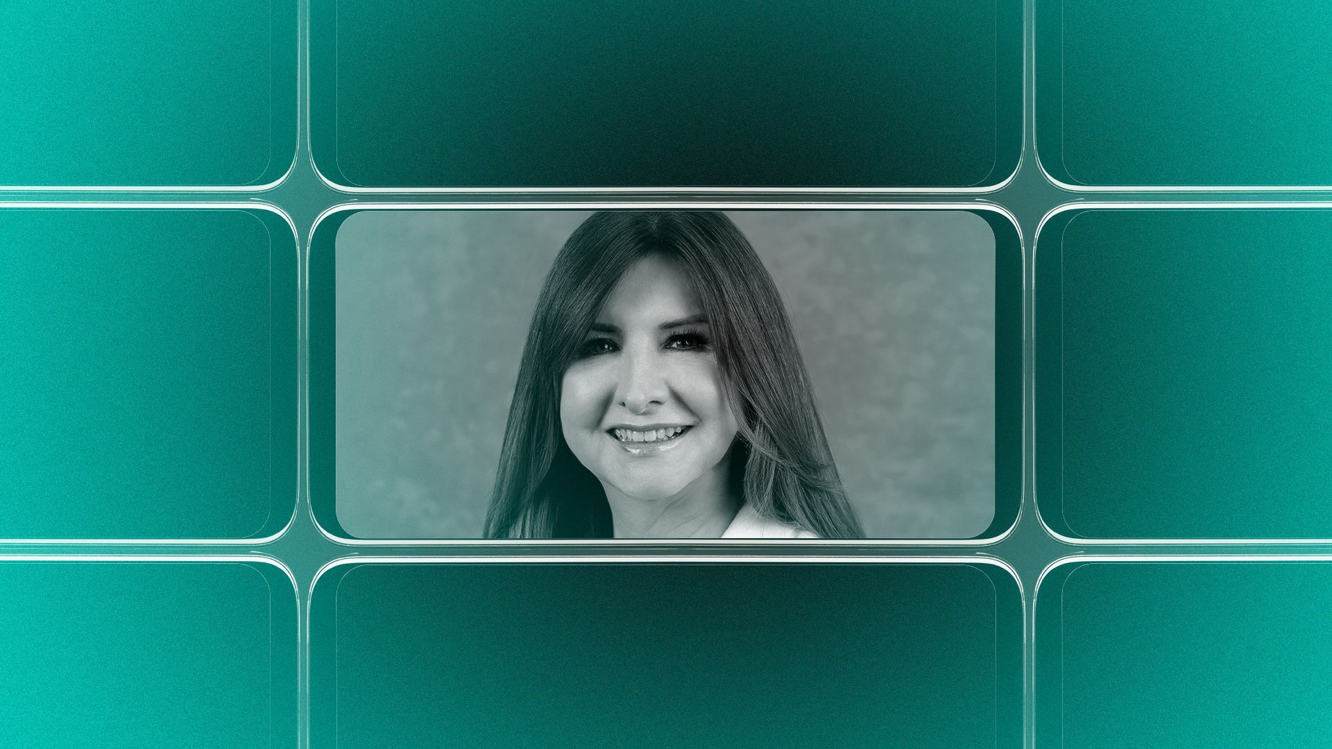 Photo illustration of a grid of smartphone screens, the center one showing an image of Stephanie Elizalde.