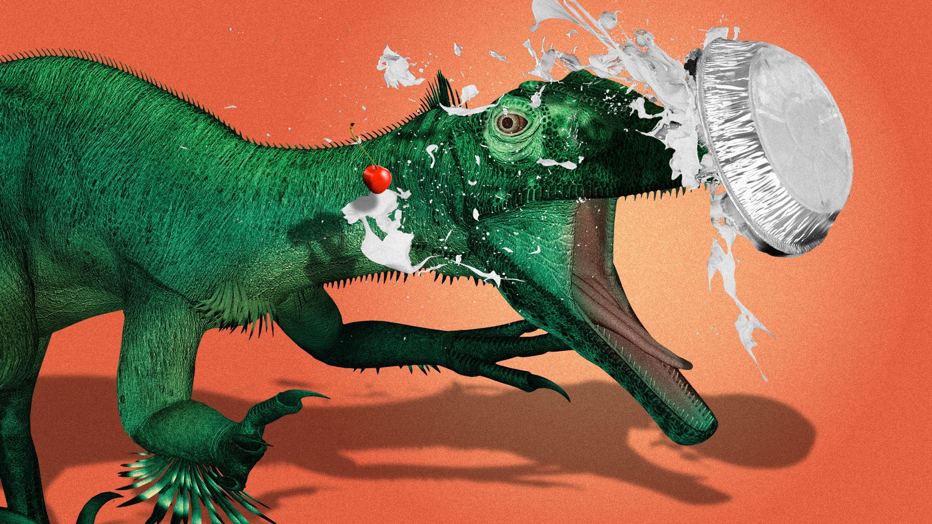 Illustration of a utahraptor getting pied in the face.