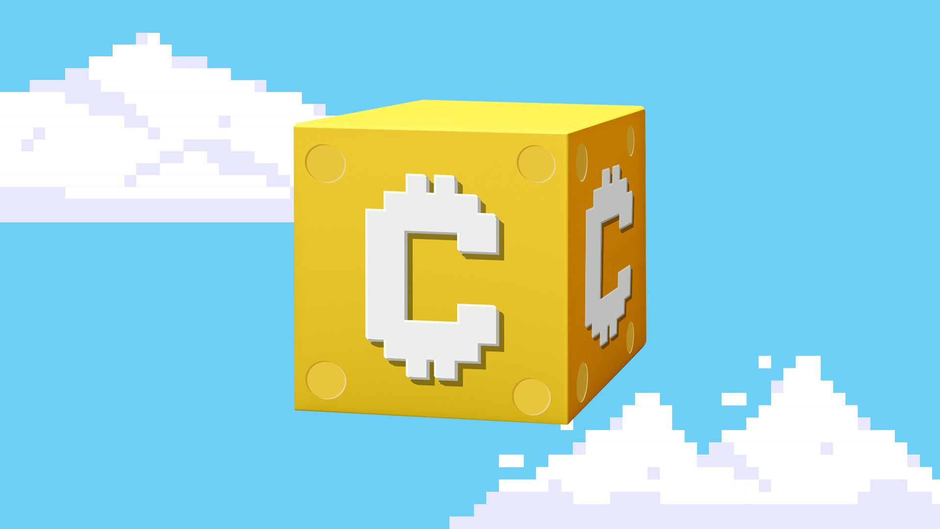 Illustration of a Mario-style coin box with a crypto currency symbol instead of a question mark surrounded by pixelated clouds.  
