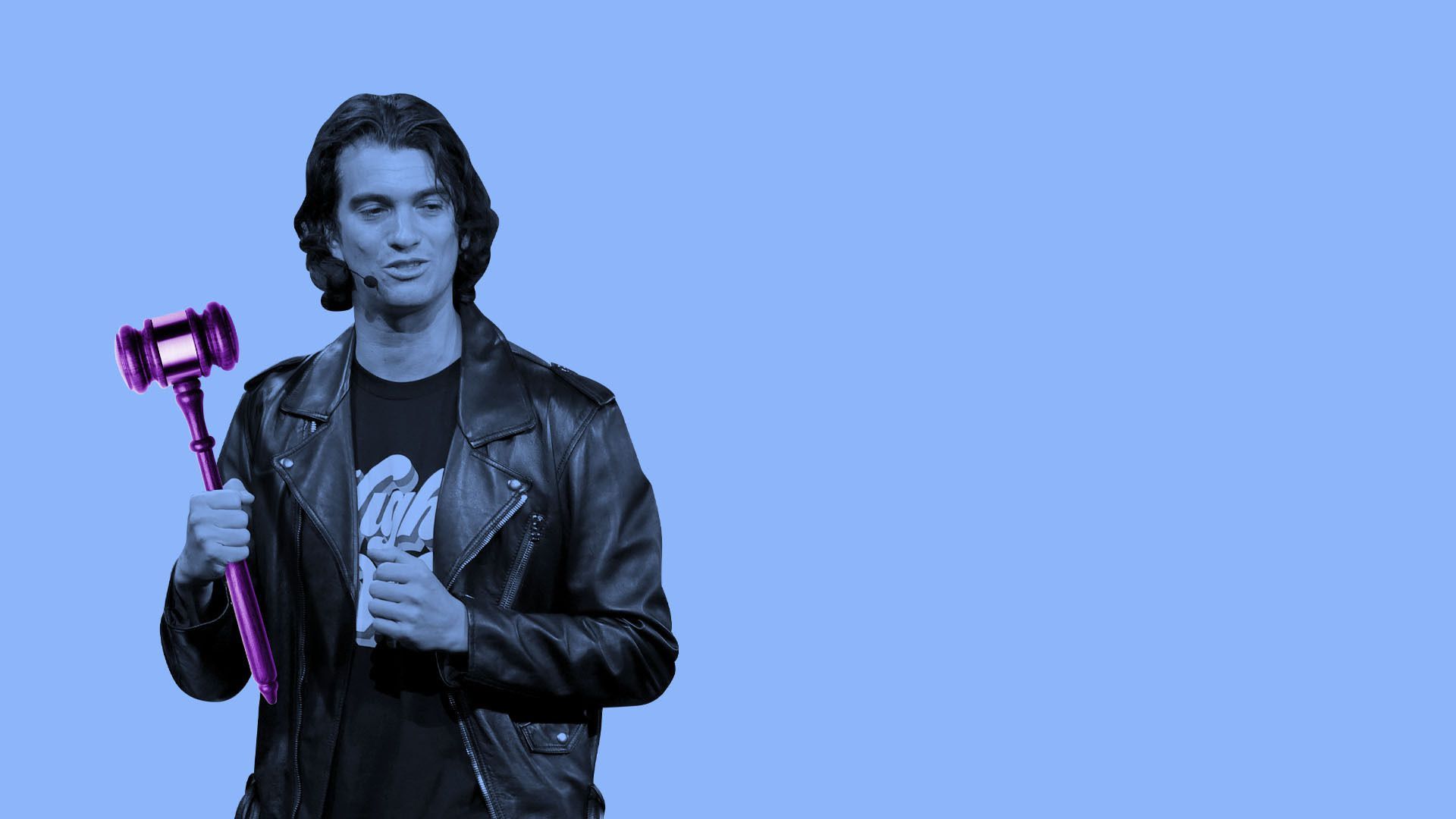 Illustration of Adam Neumann holding a gavel