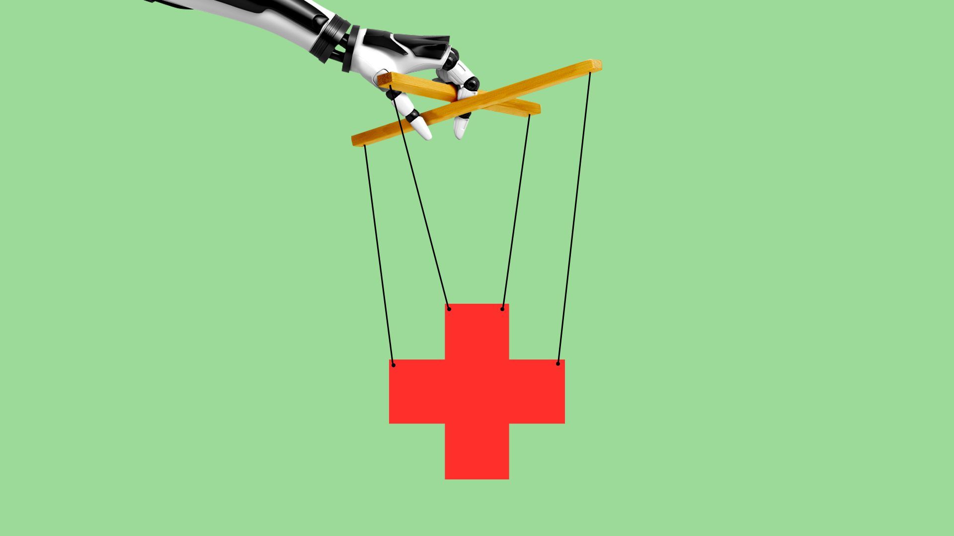 Illustration of a robot hand holding a health plus on puppet strings.  